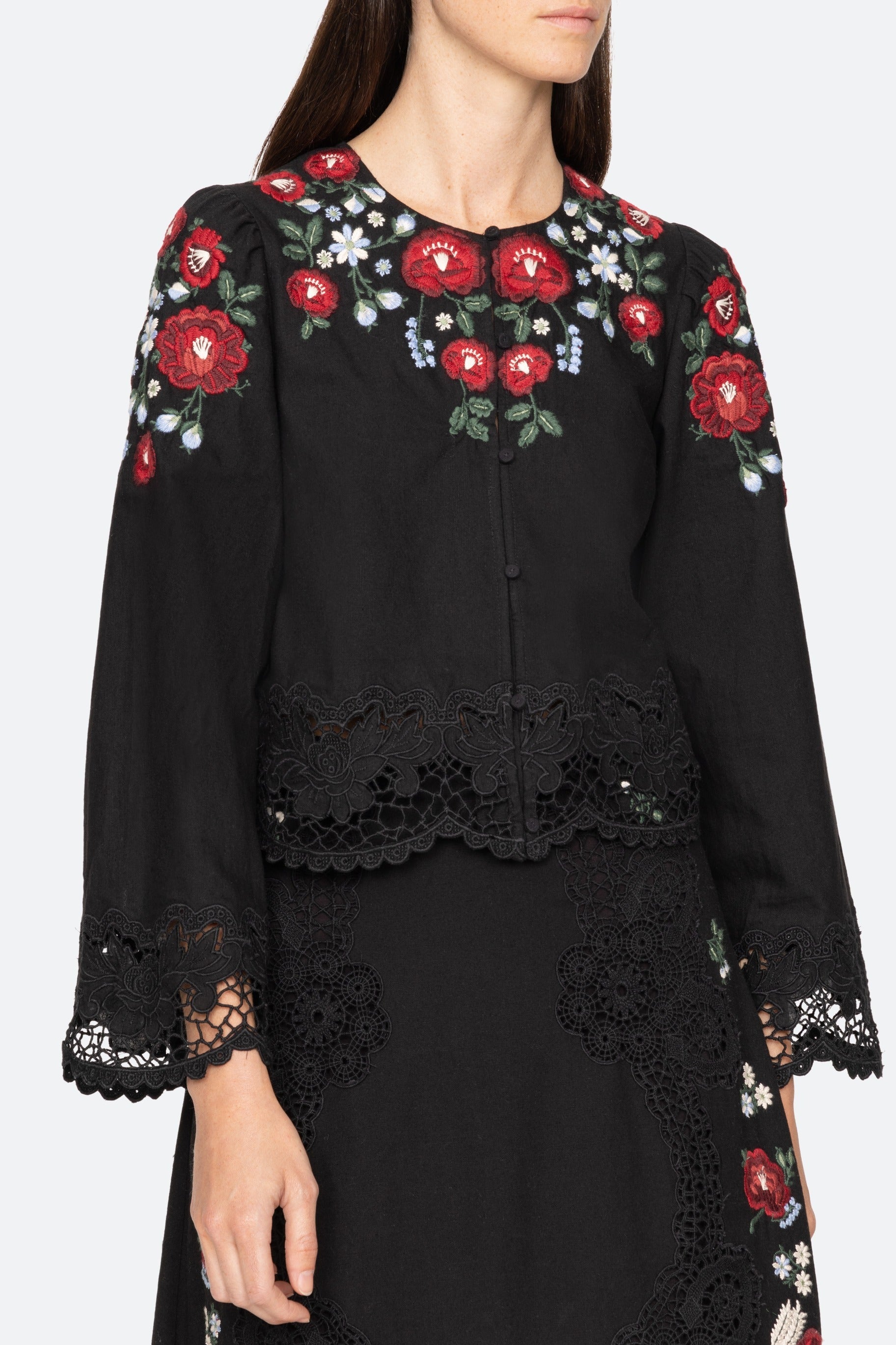 Sea New York Rosaline Embroidery Long Sleeve Button-Up Top