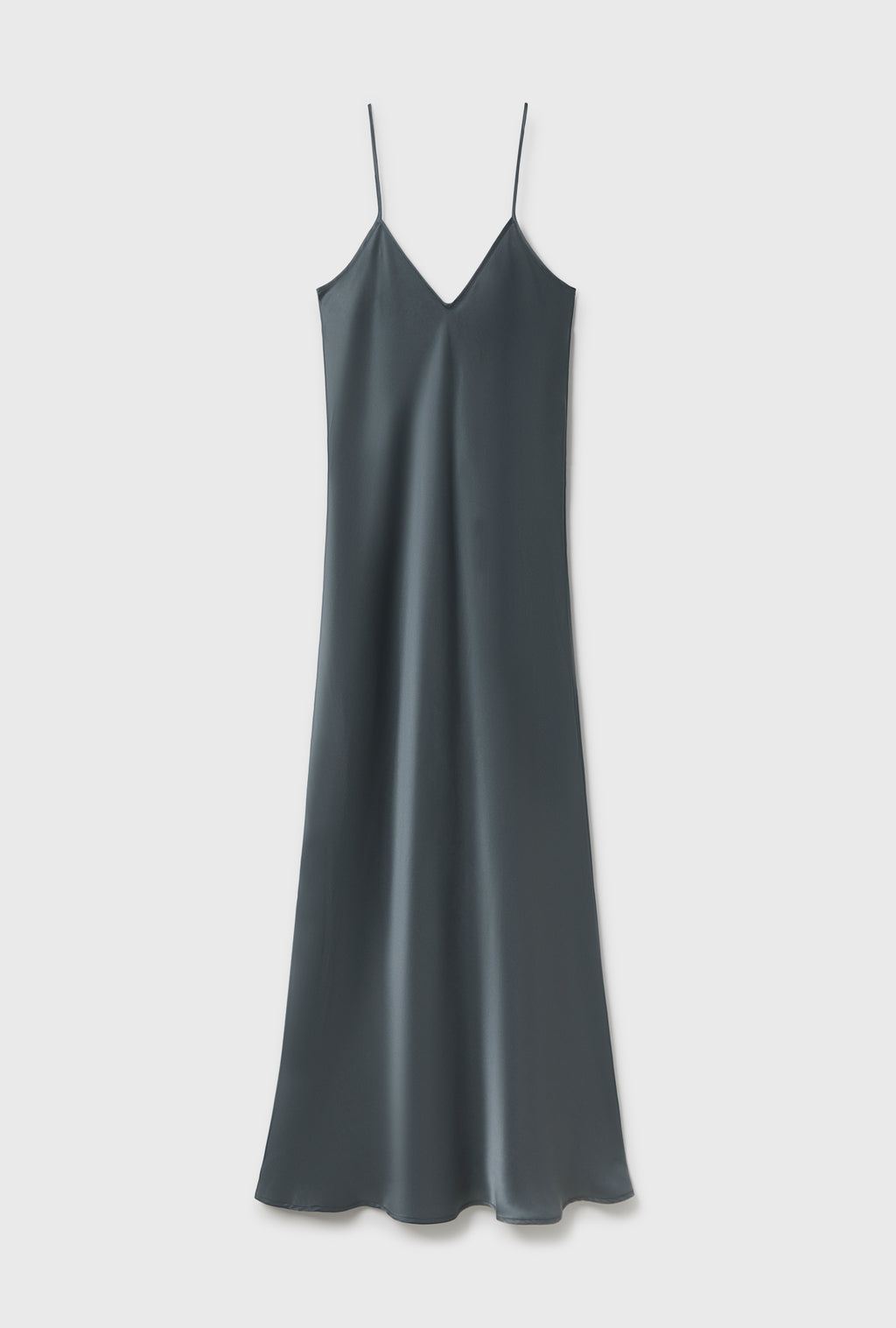 Dark gray slip dress on a light gray background