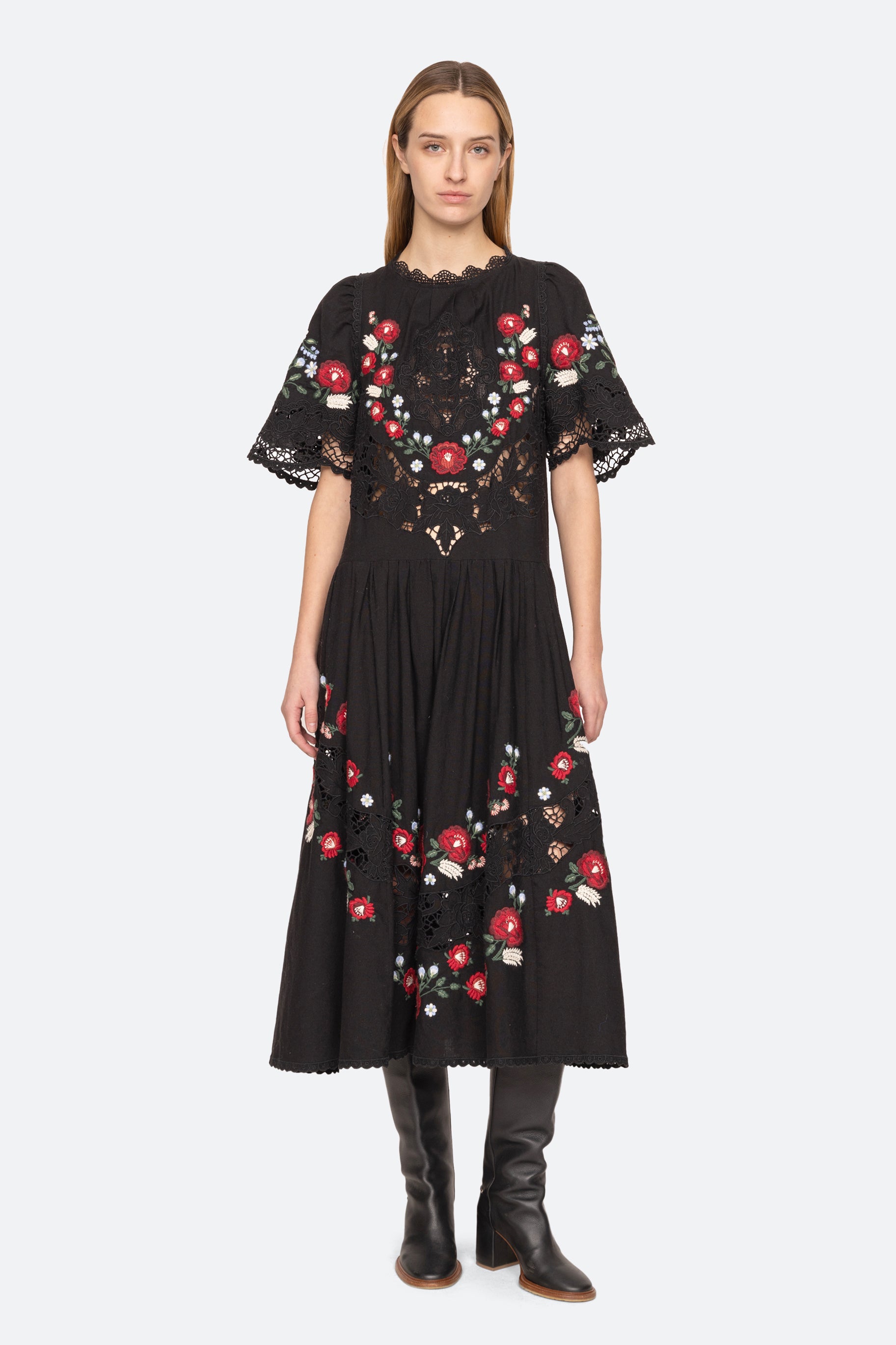 Sea New York Rosaline Embroidery Short Sleeve Midi Dress