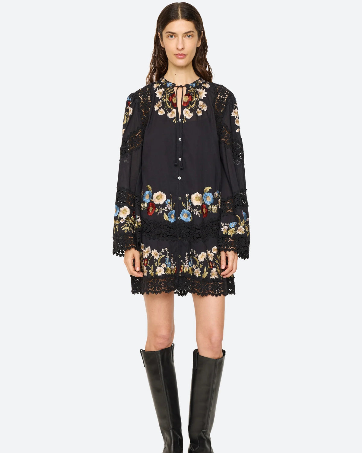 Sea New York Ruwa Embroidered Flare Mini Dress in Black