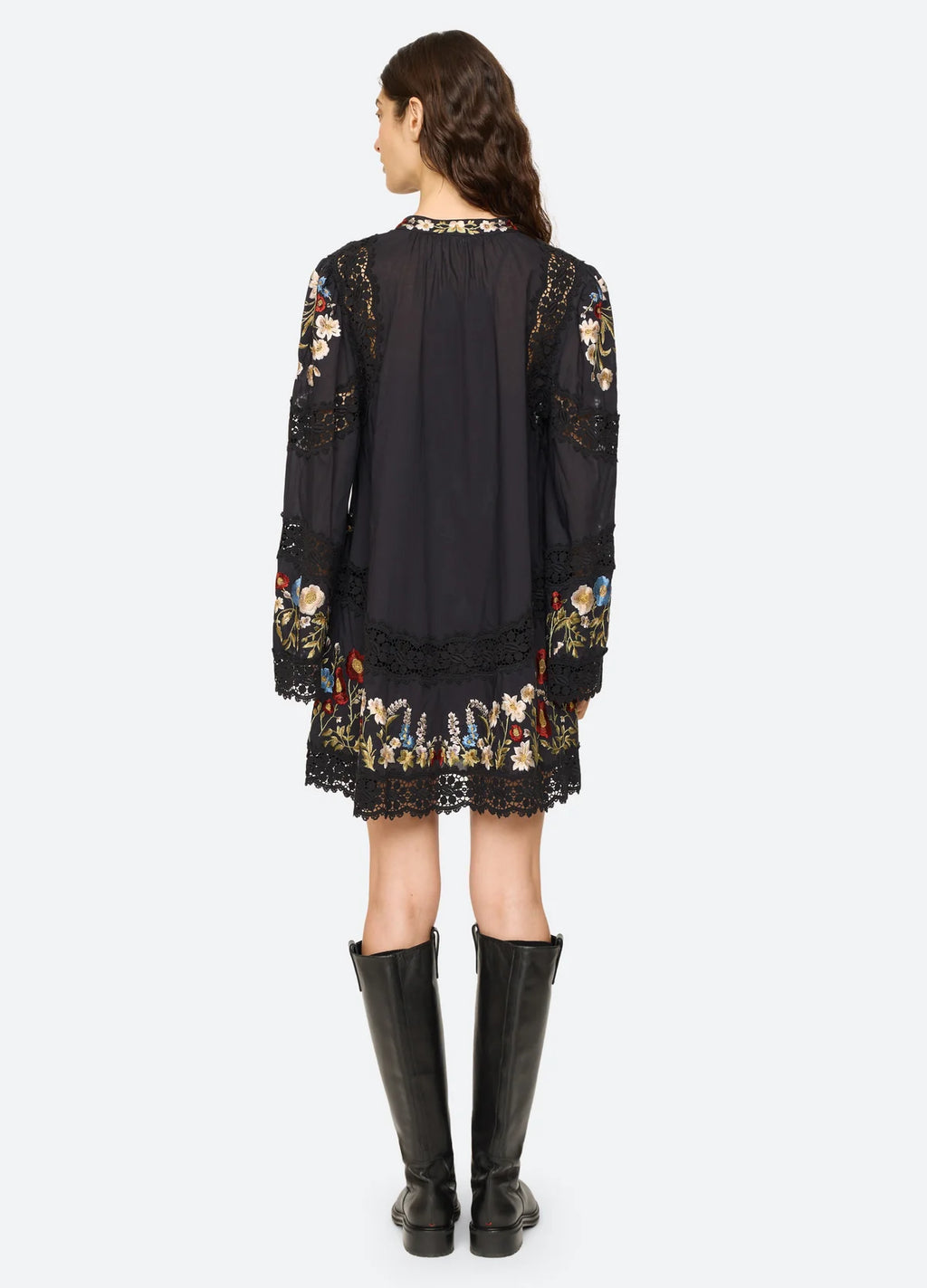 Sea New York Ruwa Embroidered Flare Mini Dress in Black