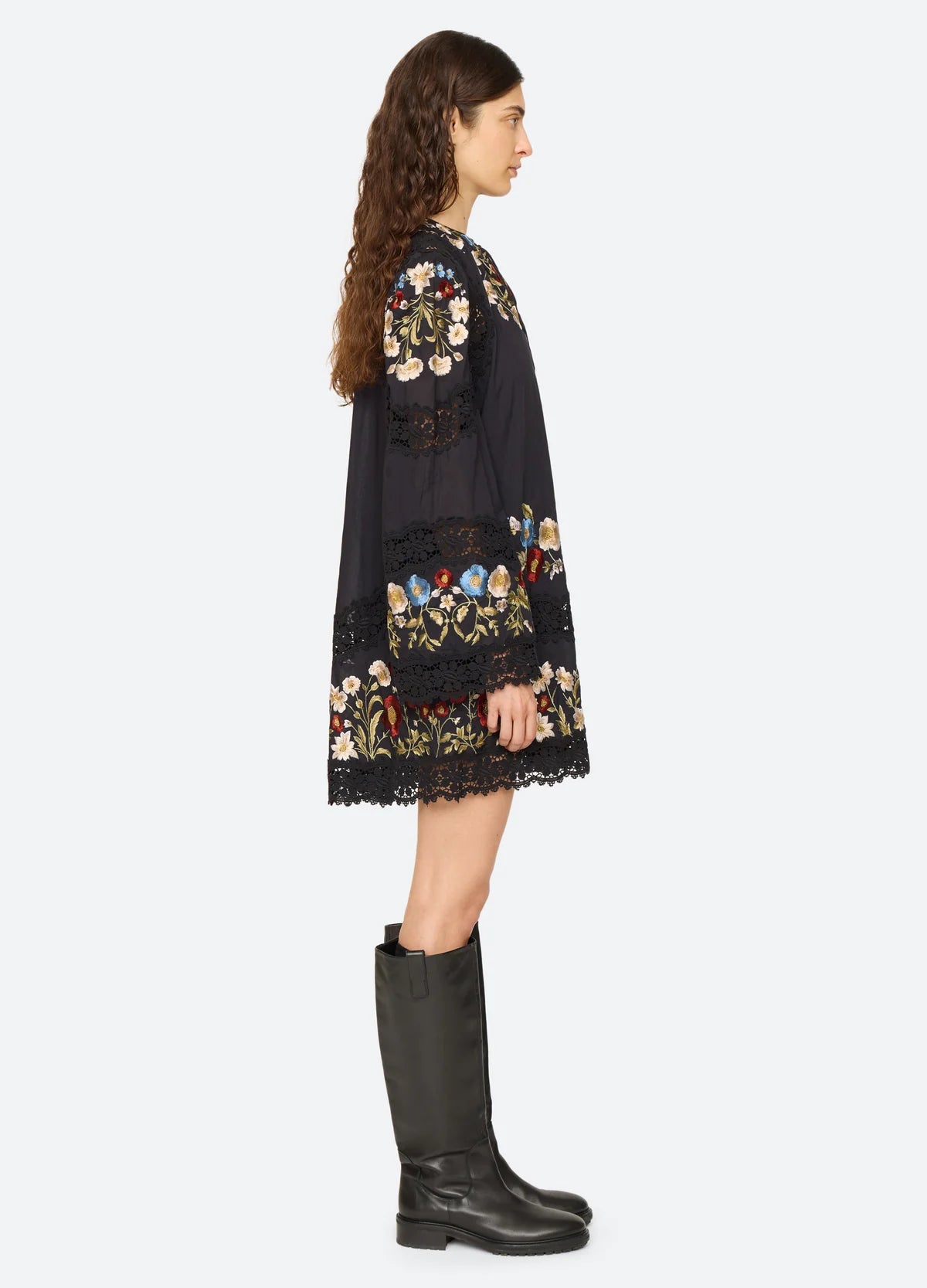 Sea New York Ruwa Embroidered Flare Mini Dress in Black
