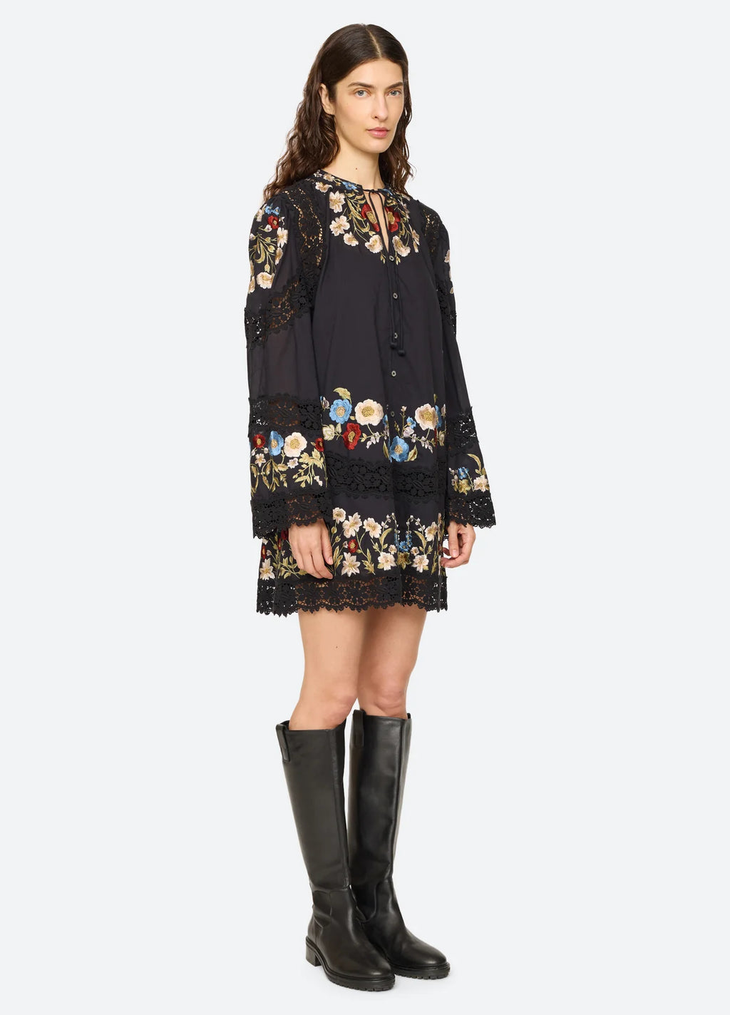 Sea New York Ruwa Embroidered Flare Mini Dress in Black