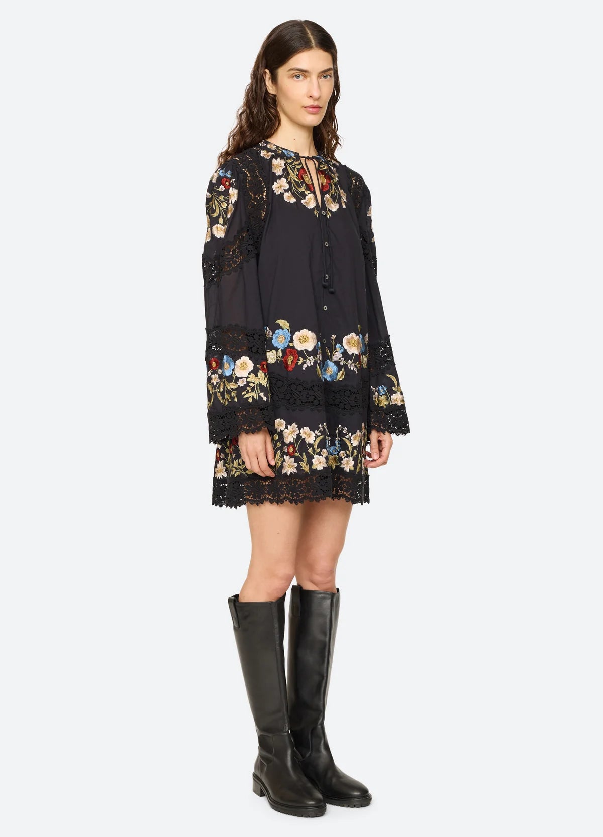 Sea New York Ruwa Embroidered Flare Mini Dress in Black