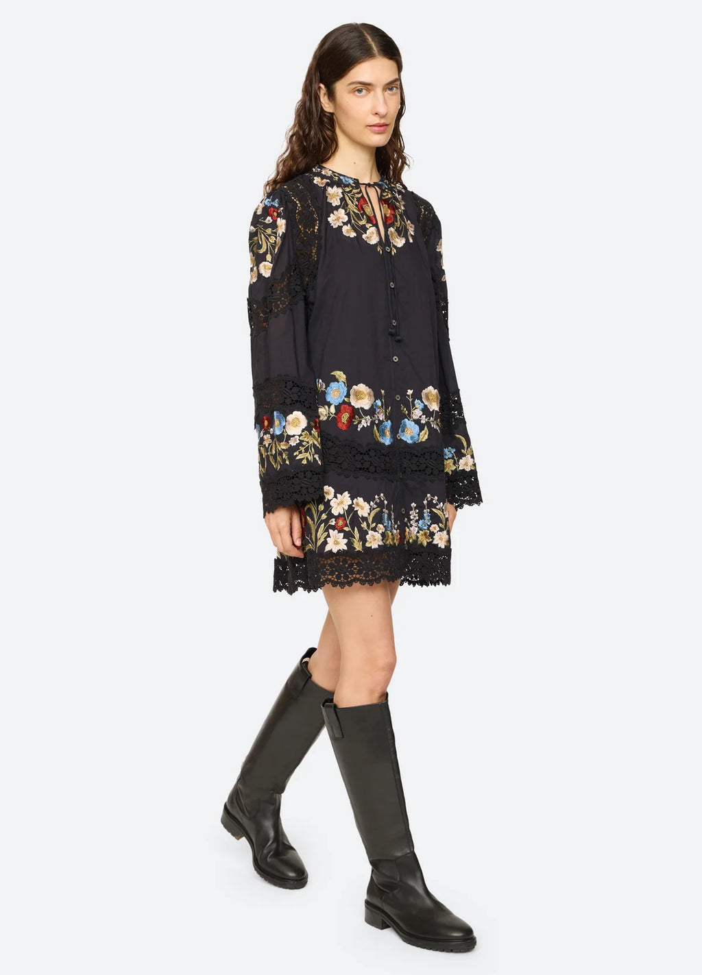 Sea New York Ruwa Embroidered Flare Mini Dress in Black