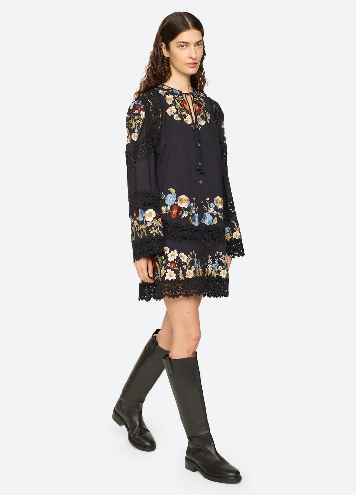 Sea New York Ruwa Embroidered Flare Mini Dress in Black