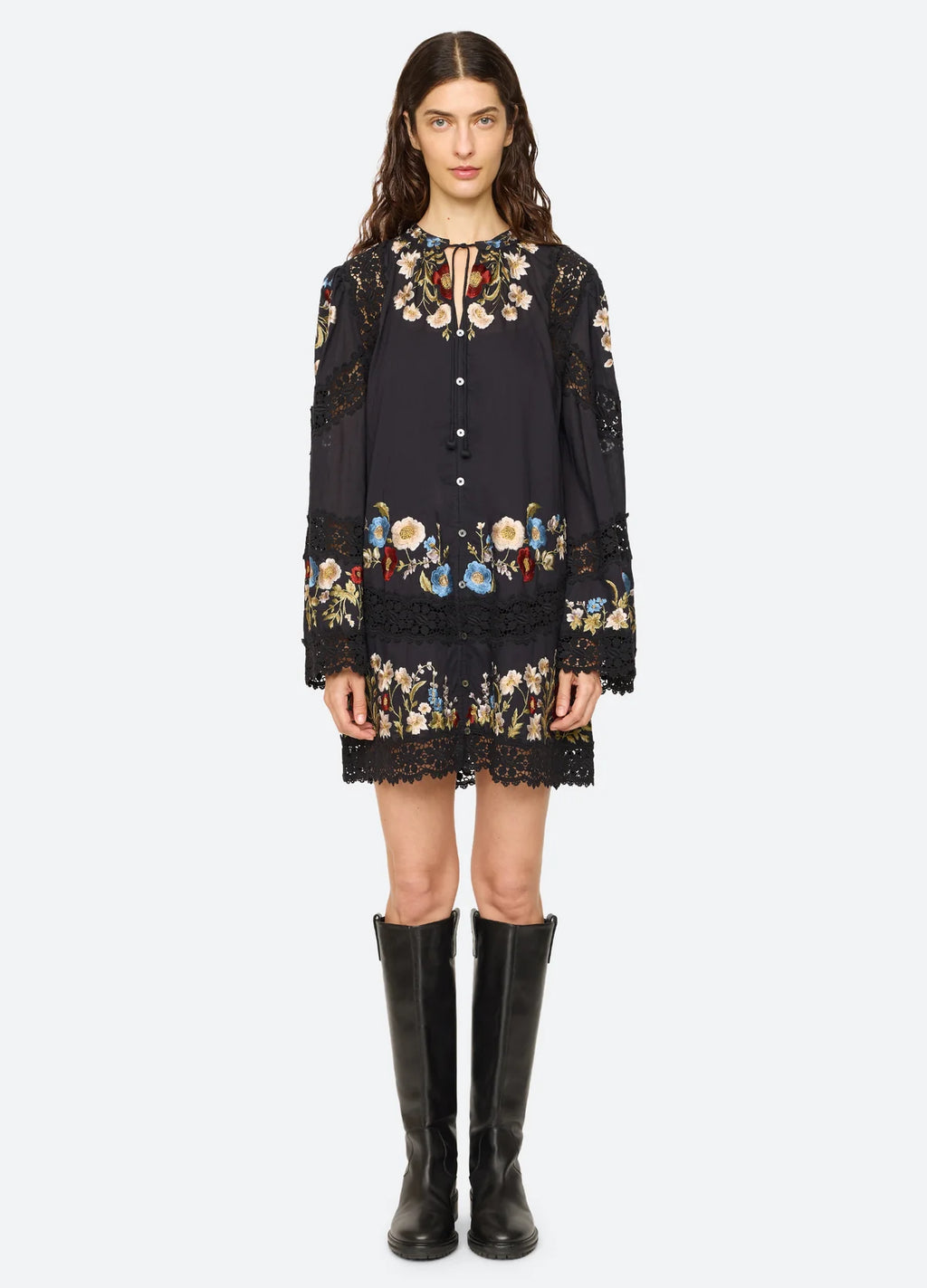 Sea New York Ruwa Embroidered Flare Mini Dress in Black