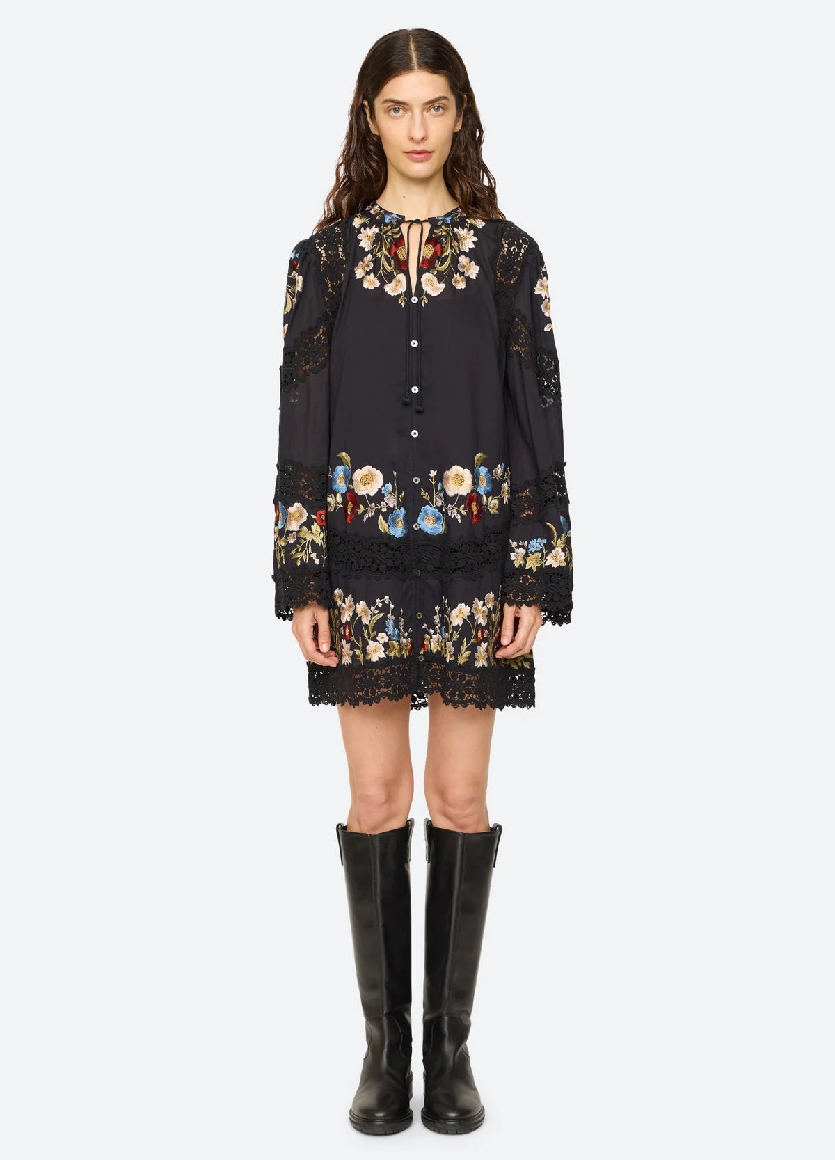 Sea New York Ruwa Embroidered Flare Mini Dress in Black