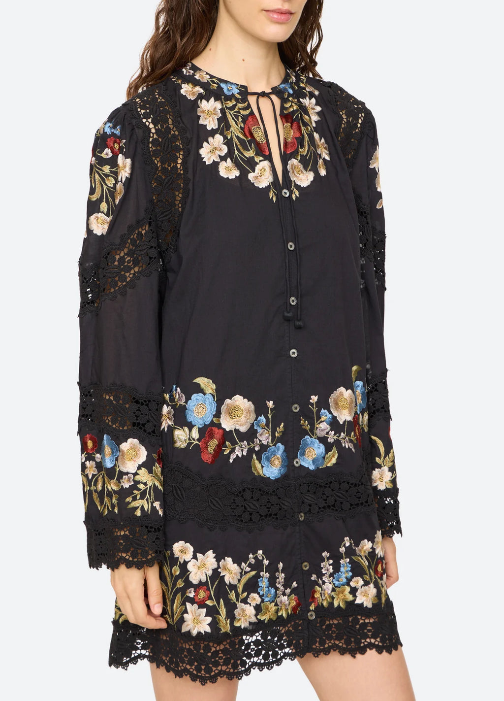 Sea New York Ruwa Embroidered Flare Mini Dress in Black