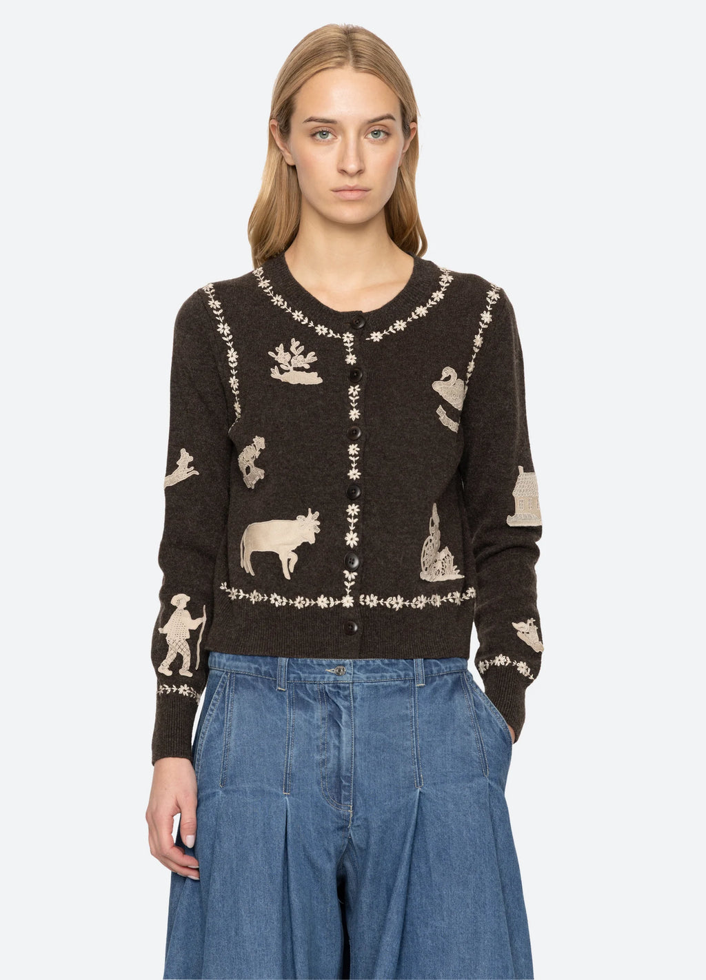 Sea New York Margeurite Lace Patch Cardigan in Coffee