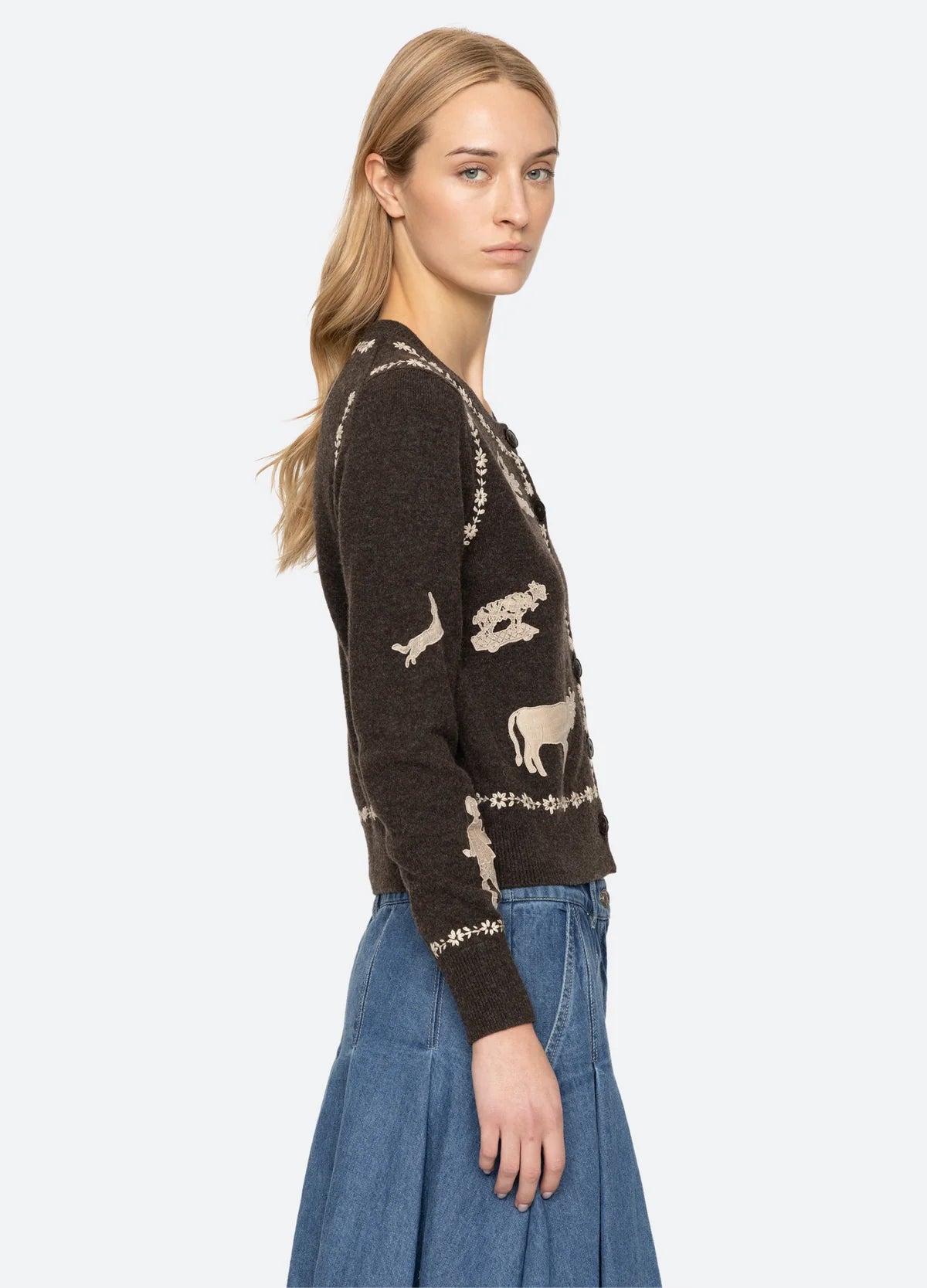 Sea New York Margeurite Lace Patch Cardigan in Coffee