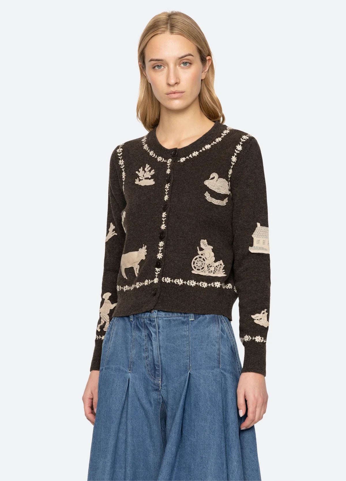 Sea New York Margeurite Lace Patch Cardigan in Coffee
