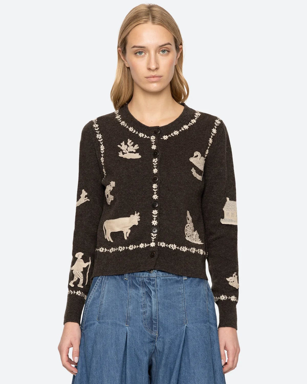 Sea New York Margeurite Lace Patch Cardigan in Coffee