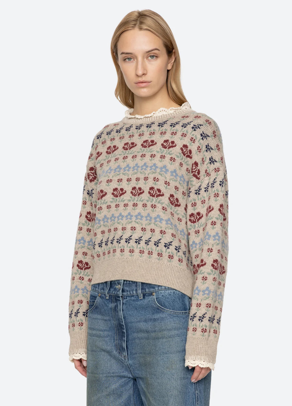 Sea New York Preston Knit Crew Neck Sweater in Cream