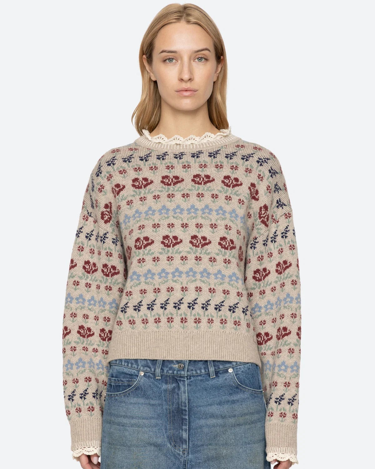 Sea New York Preston Knit Crew Neck Sweater in Cream