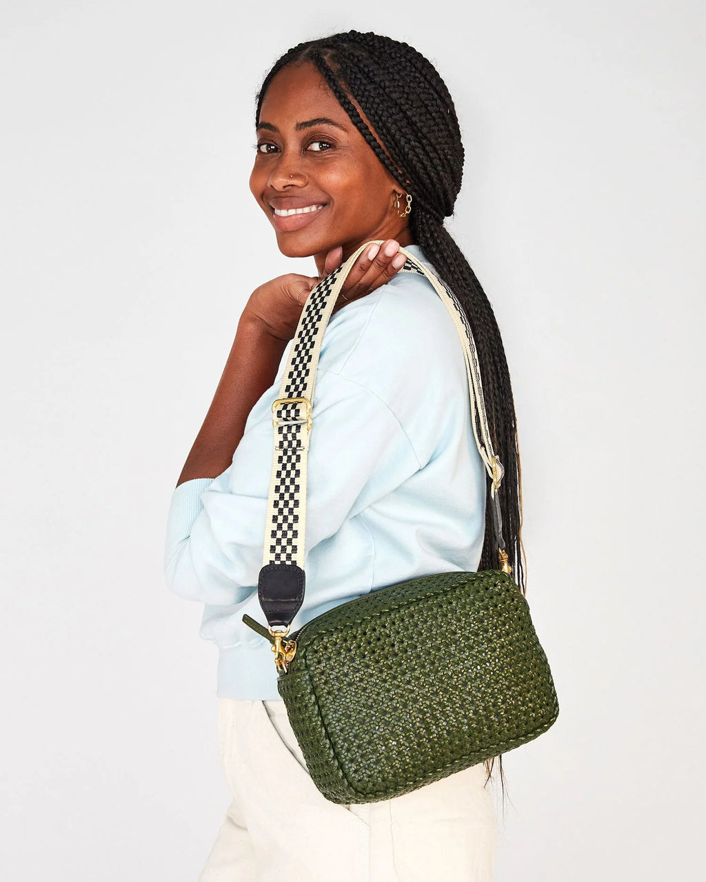 Clare V. Adjustable Crossbody Strap Checkered in Black/Cream