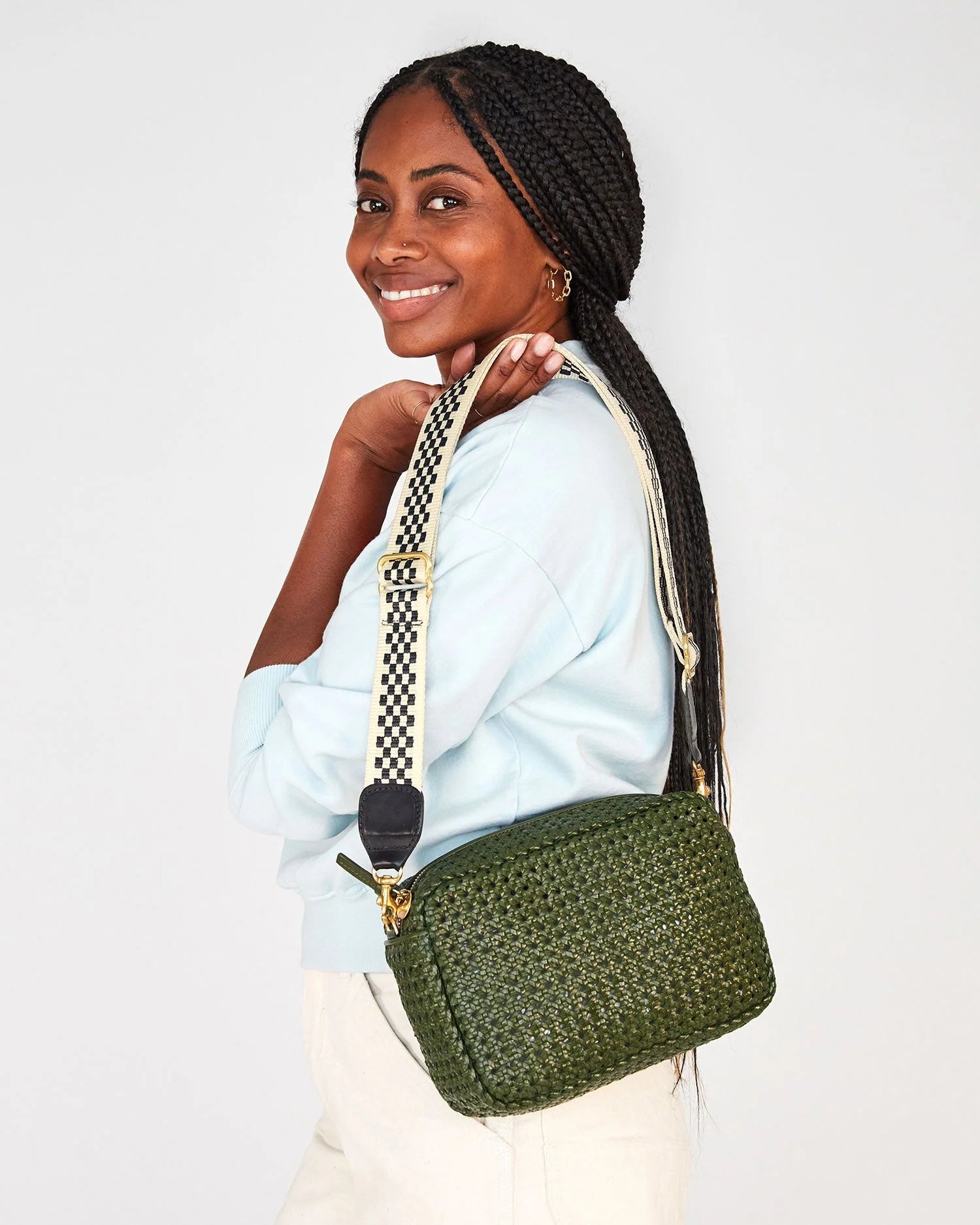 Clare V. Adjustable Crossbody Strap Checkered in Black/Cream