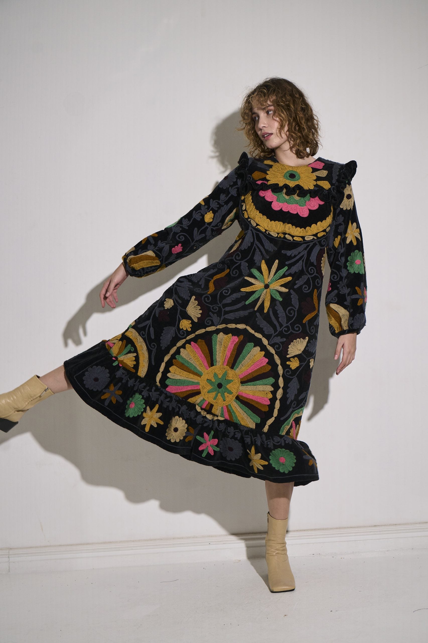Asha Eleven Suzani Dress Black Velvet