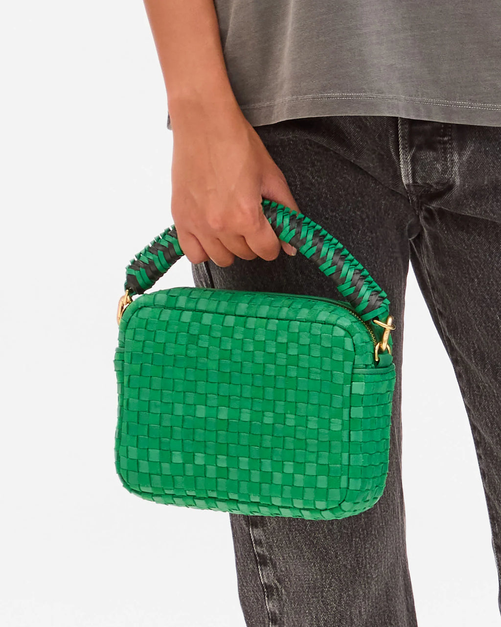 Clare V. Braided Top Handle in Green Apple/Black