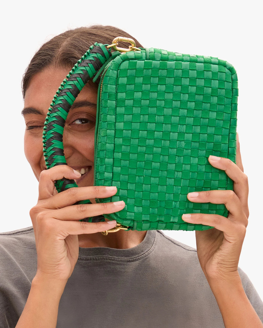 Clare V. Braided Top Handle in Green Apple/Black