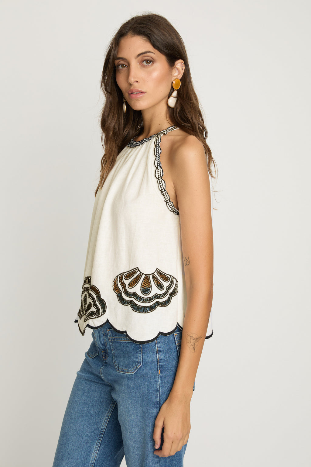 Caballero Hadley Top in White / Black Embroidery