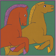 Two stylized horses on a green background