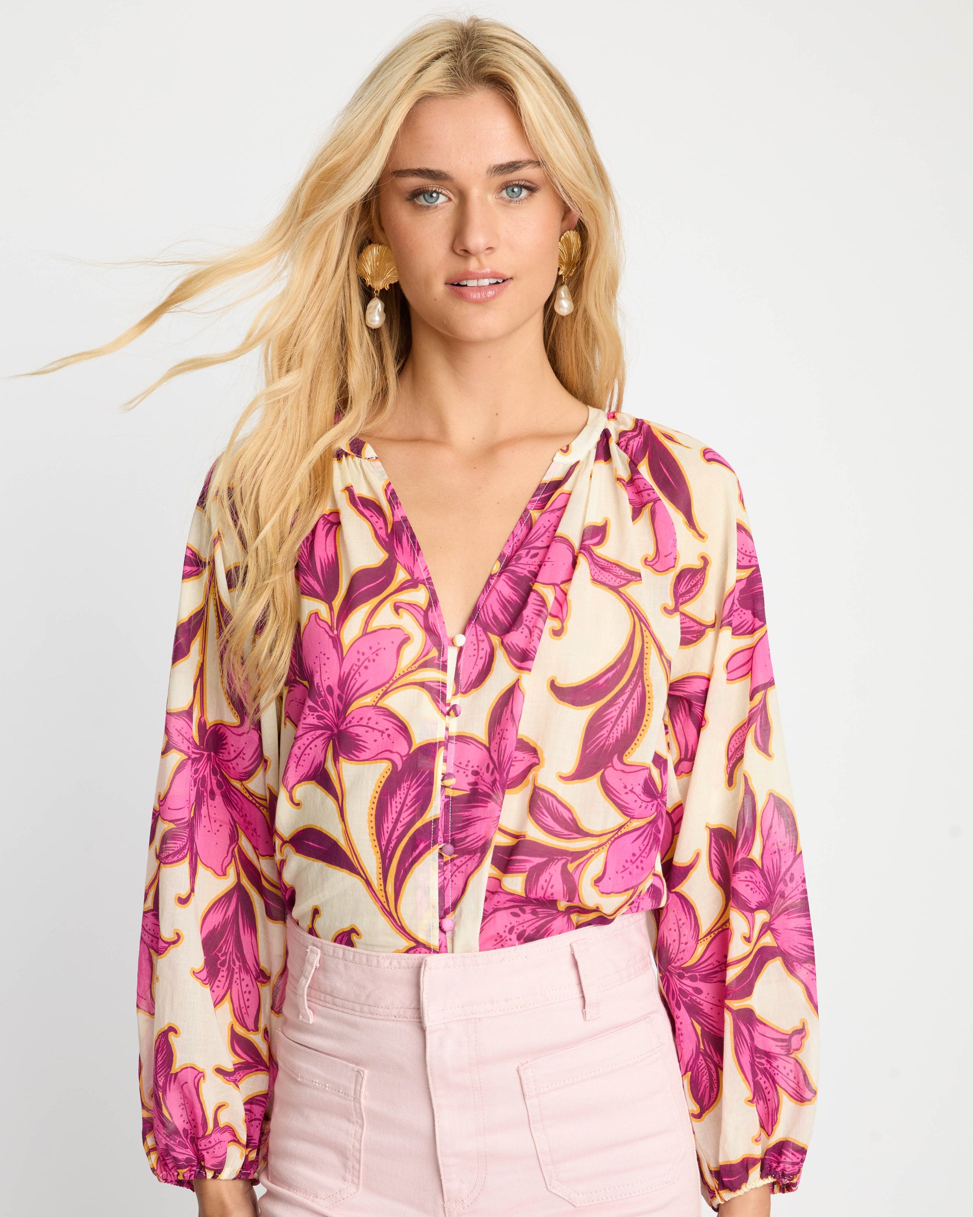 Caballero Ariana Long Sleeves Top in Fuchsia Floret