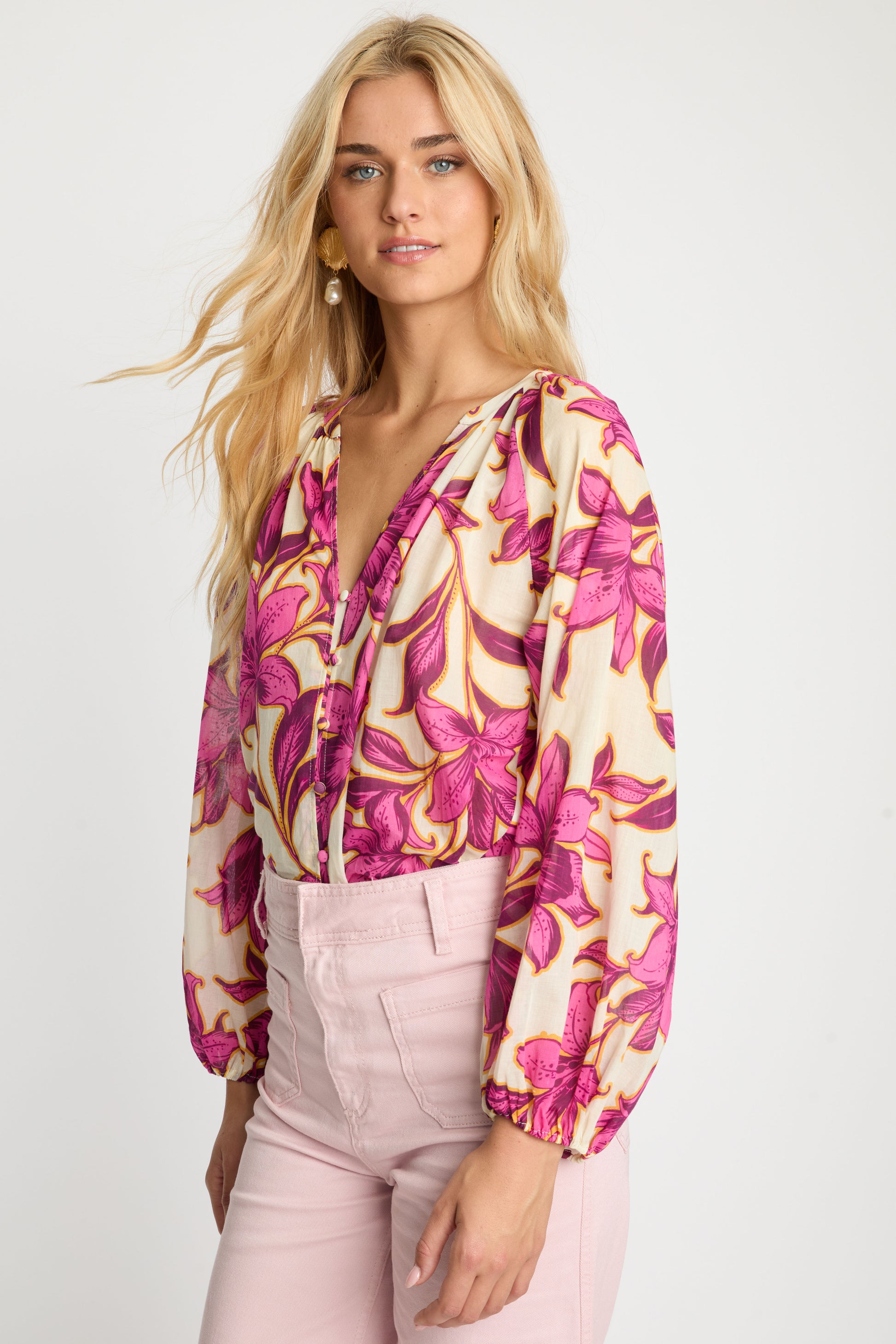 Caballero Ariana Long Sleeves Top in Fuchsia Floret