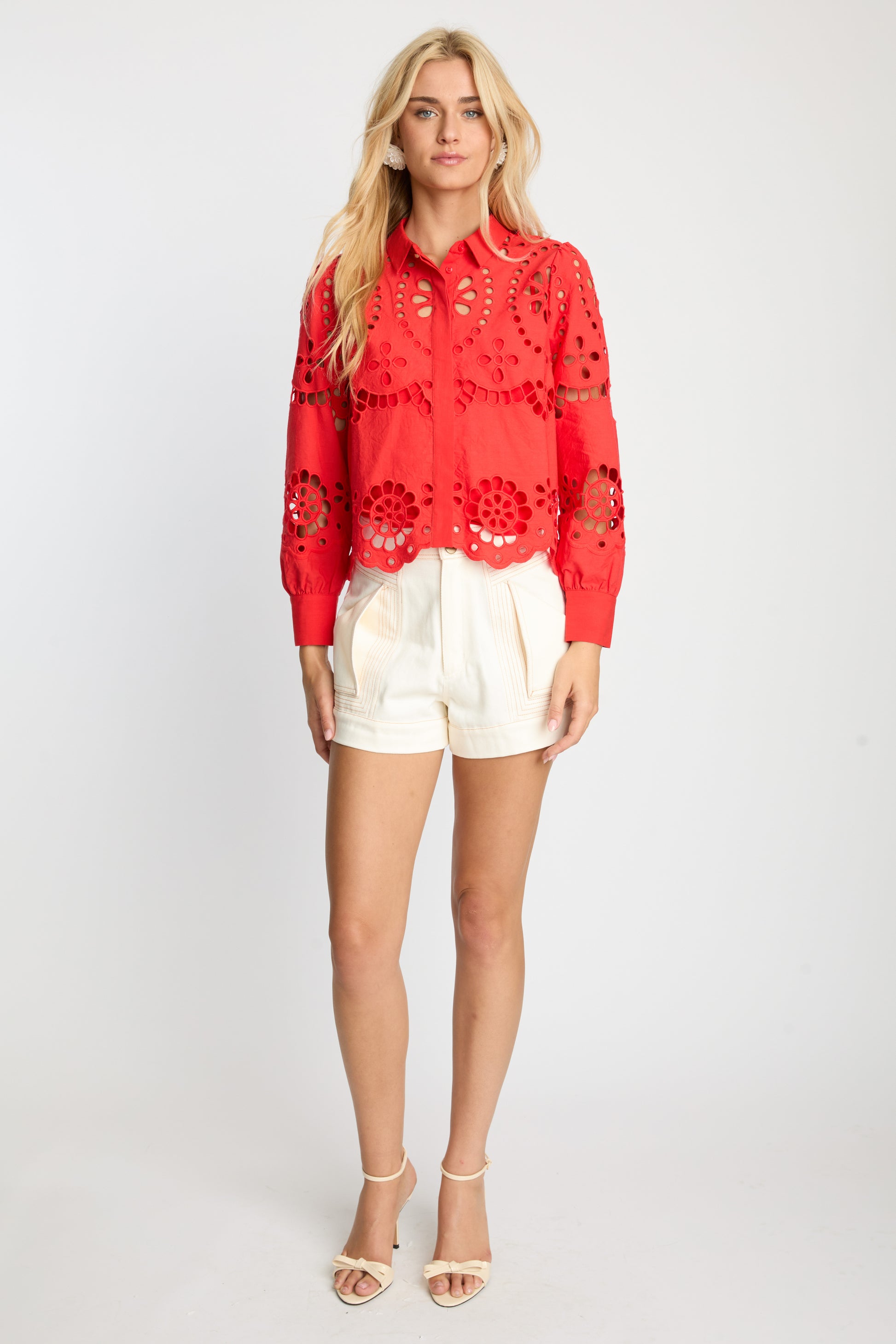 Caballero Emmie Long Sleeves Top in Poppy Red Eyelet Lace