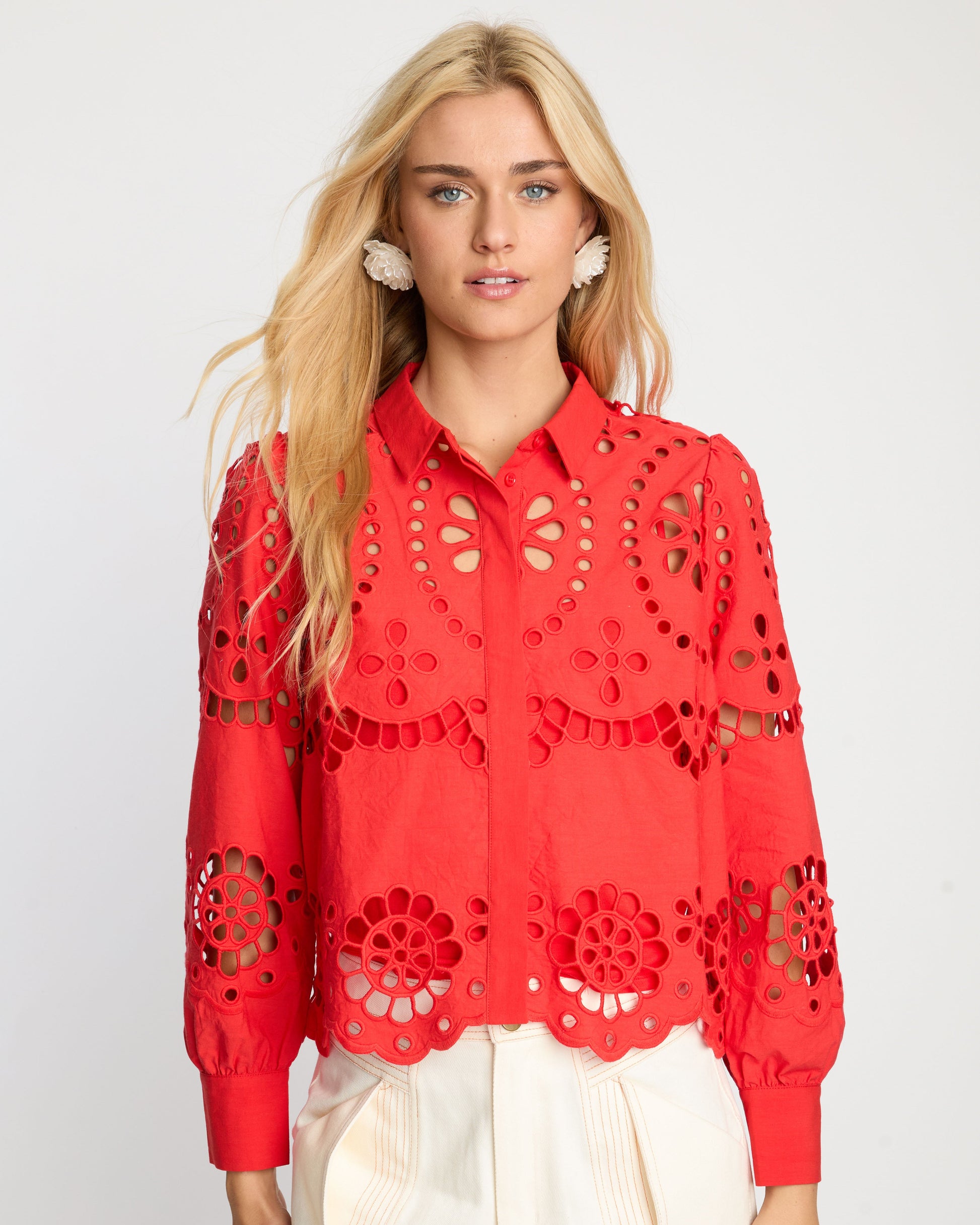 Caballero Emmie Long Sleeves Top in Poppy Red Eyelet Lace