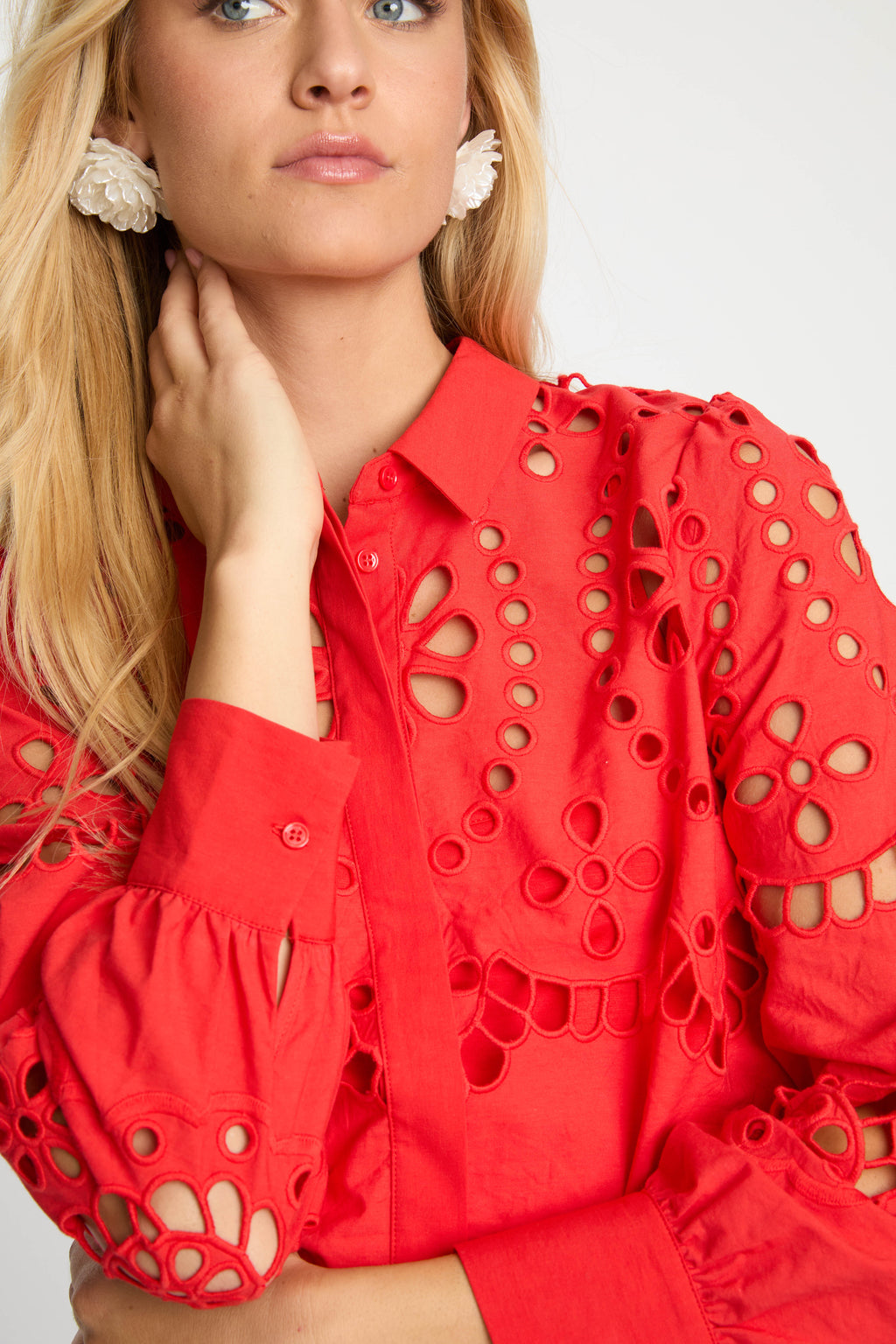 Caballero Emmie Long Sleeves Top in Poppy Red Eyelet Lace