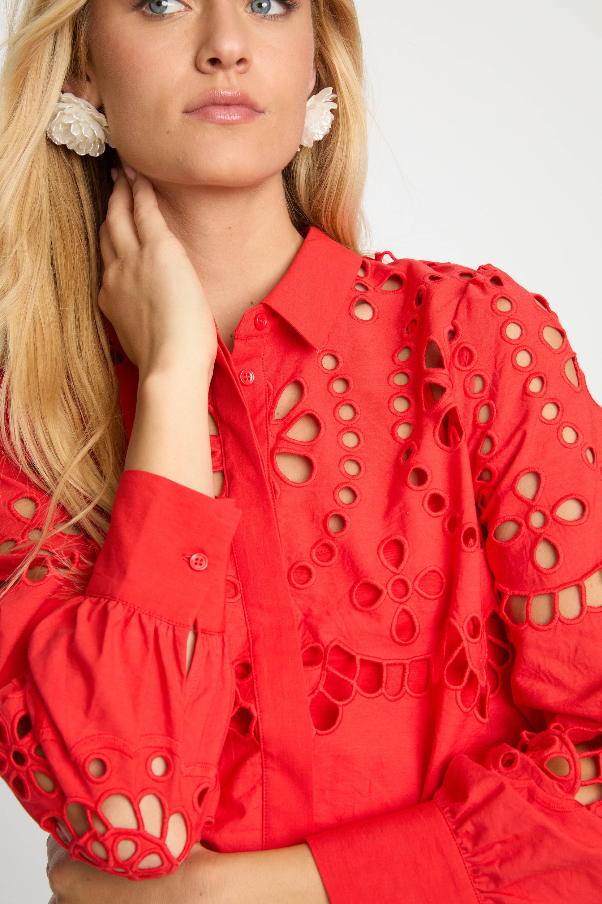 Caballero Emmie Long Sleeves Top in Poppy Red Eyelet Lace