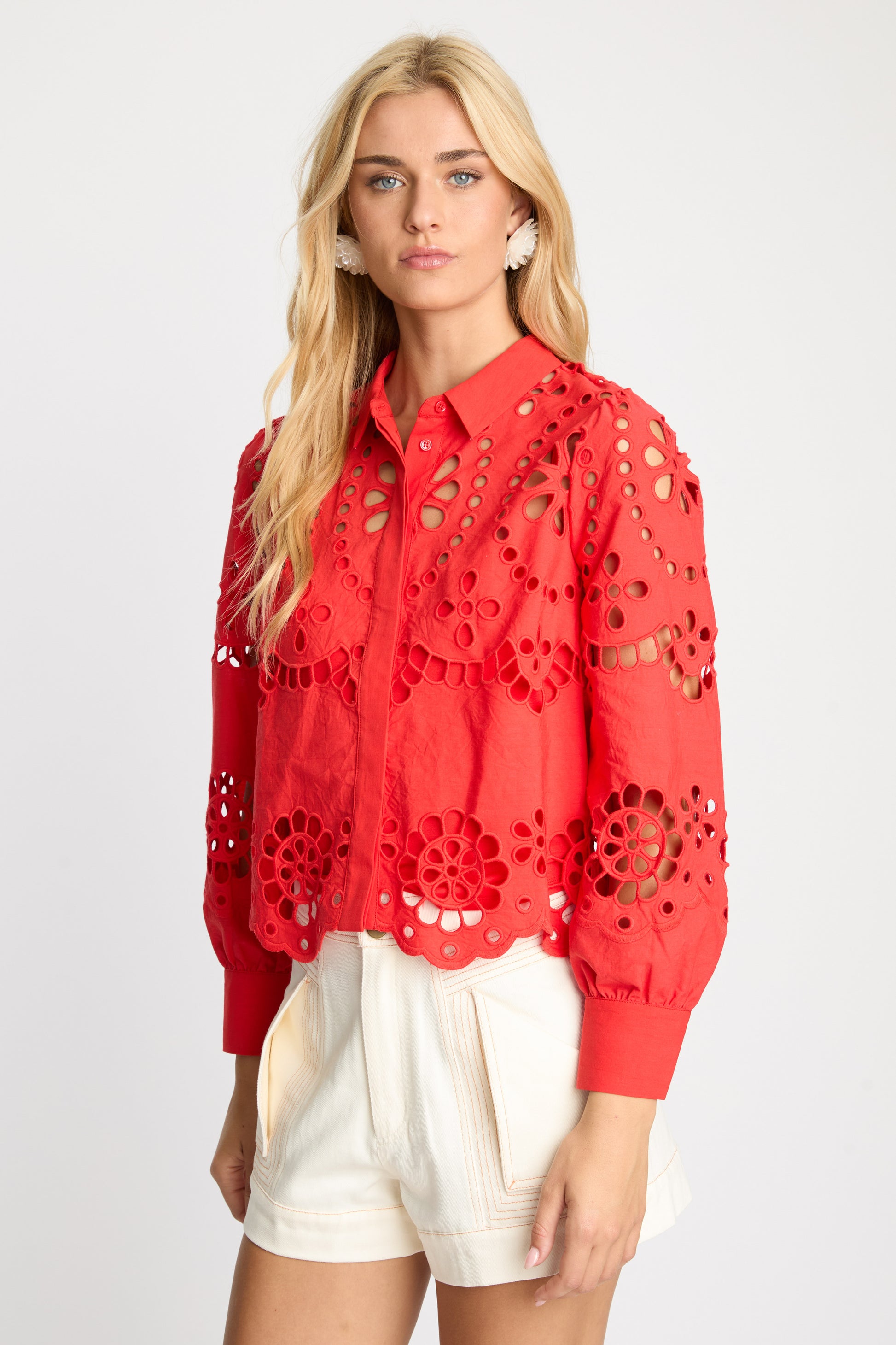 Caballero Emmie Long Sleeves Top in Poppy Red Eyelet Lace