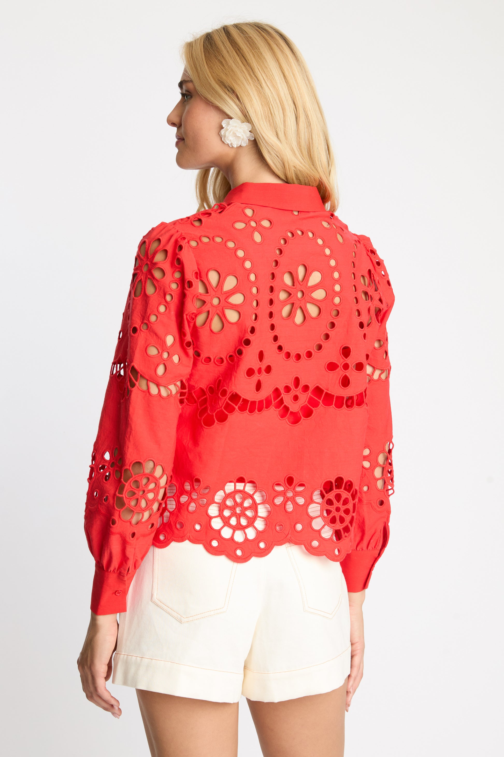 Caballero Emmie Long Sleeves Top in Poppy Red Eyelet Lace