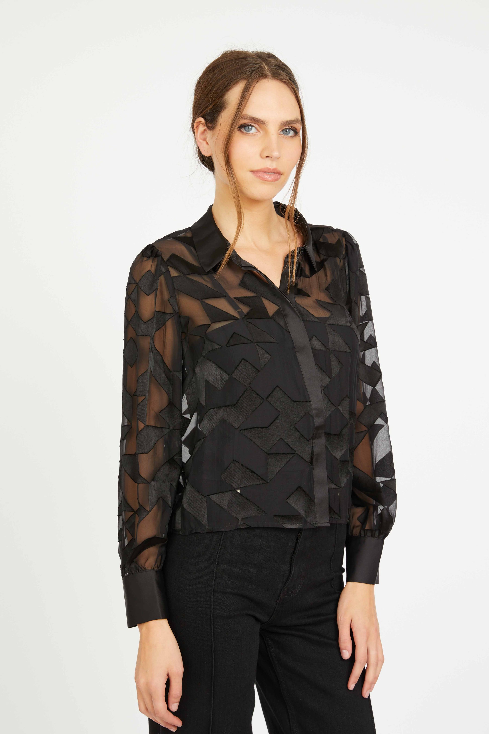 Caballero Emmie Top in Black Silk Geo Burnout