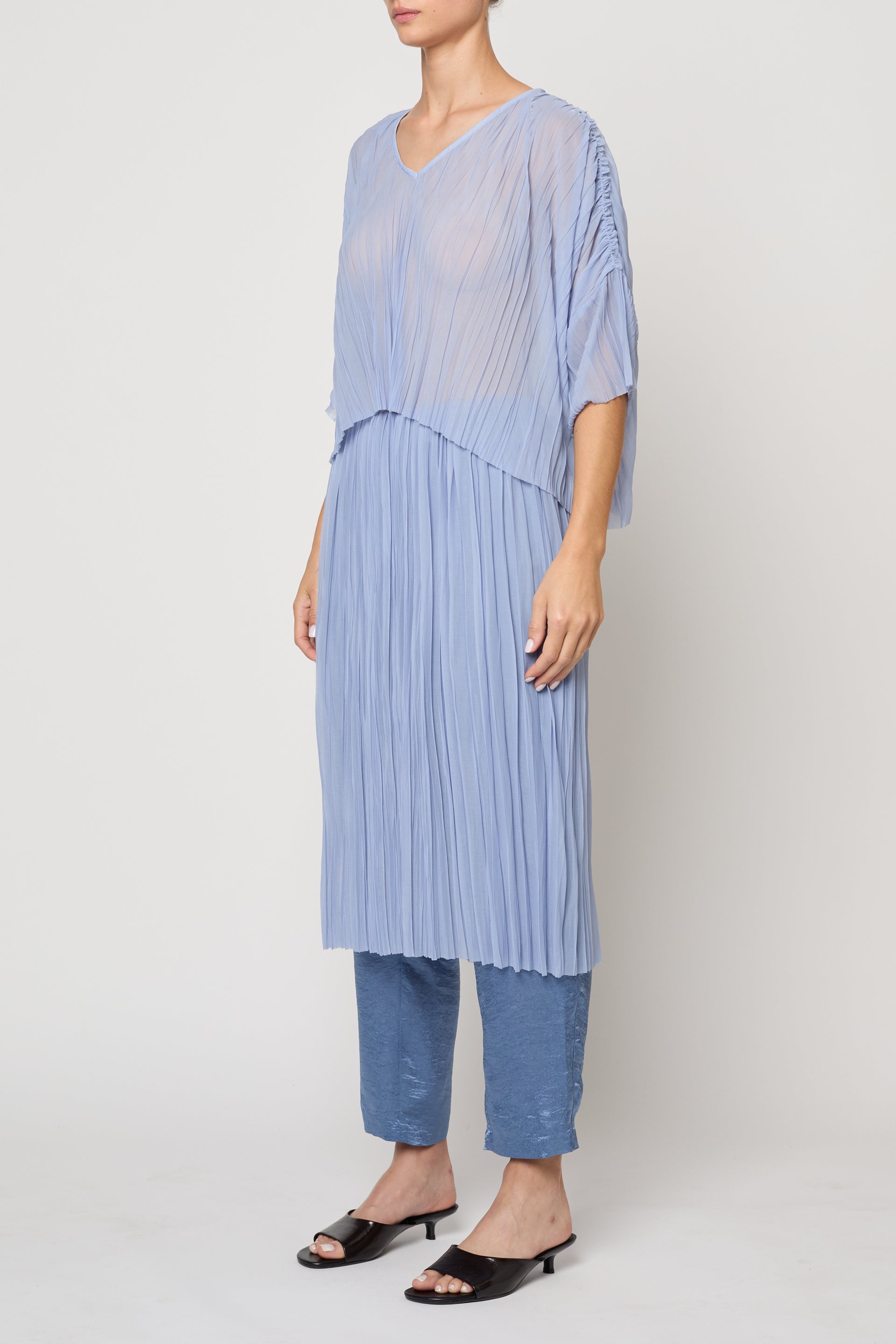 Atelier Delphine Flared Tee Random Pleats in Chambray Blue