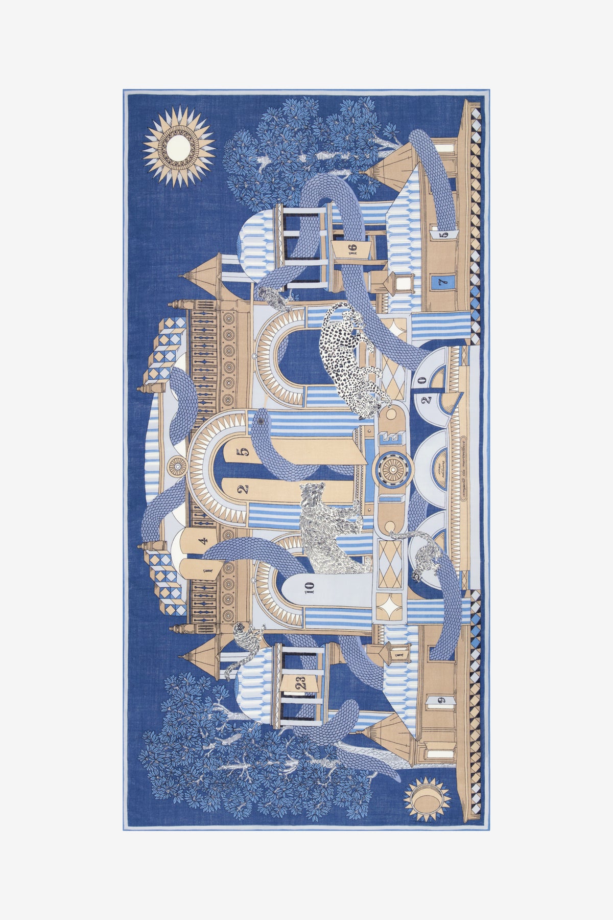 Decorative scarf with abstract patterns and blue background