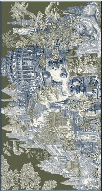 Decorative fabric with a collage of architectural elements and floral patterns on a green background