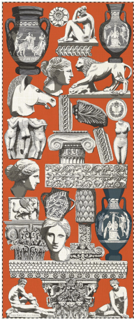 Decorative panel with classical sculptures and architectural elements on a red background