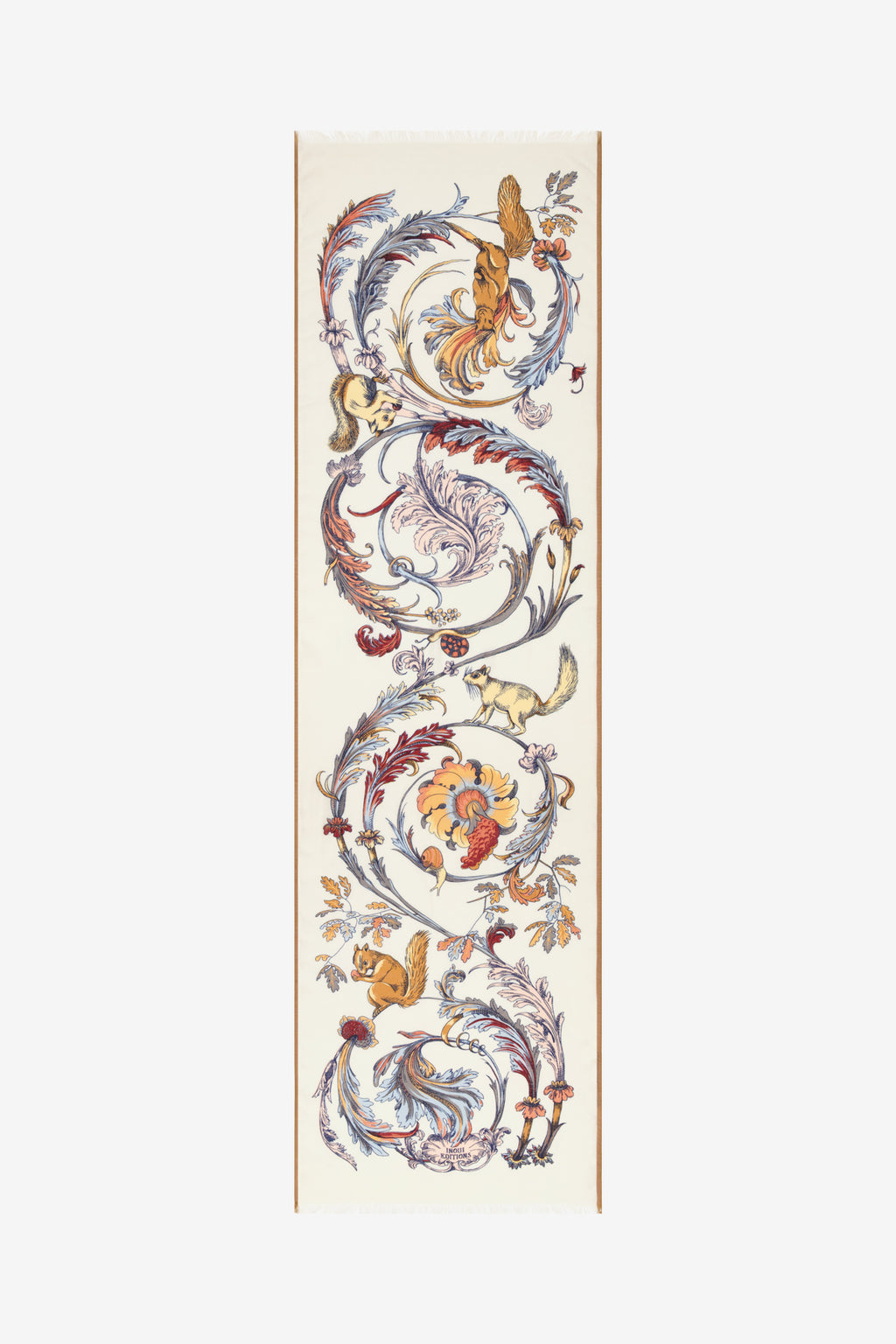 Decorative scarf with animal-themed pattern on a white background