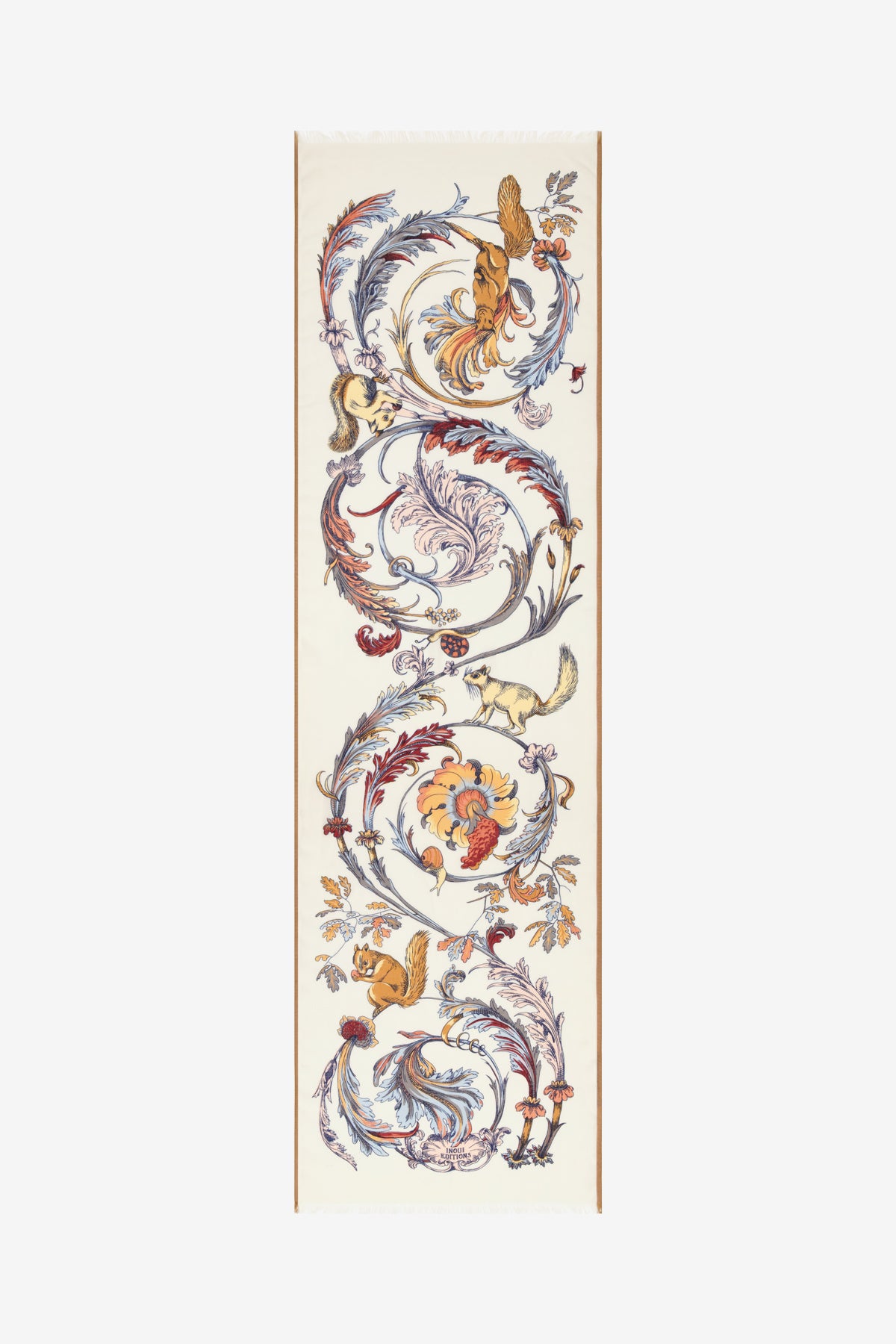 Decorative scarf with animal-themed pattern on a white background