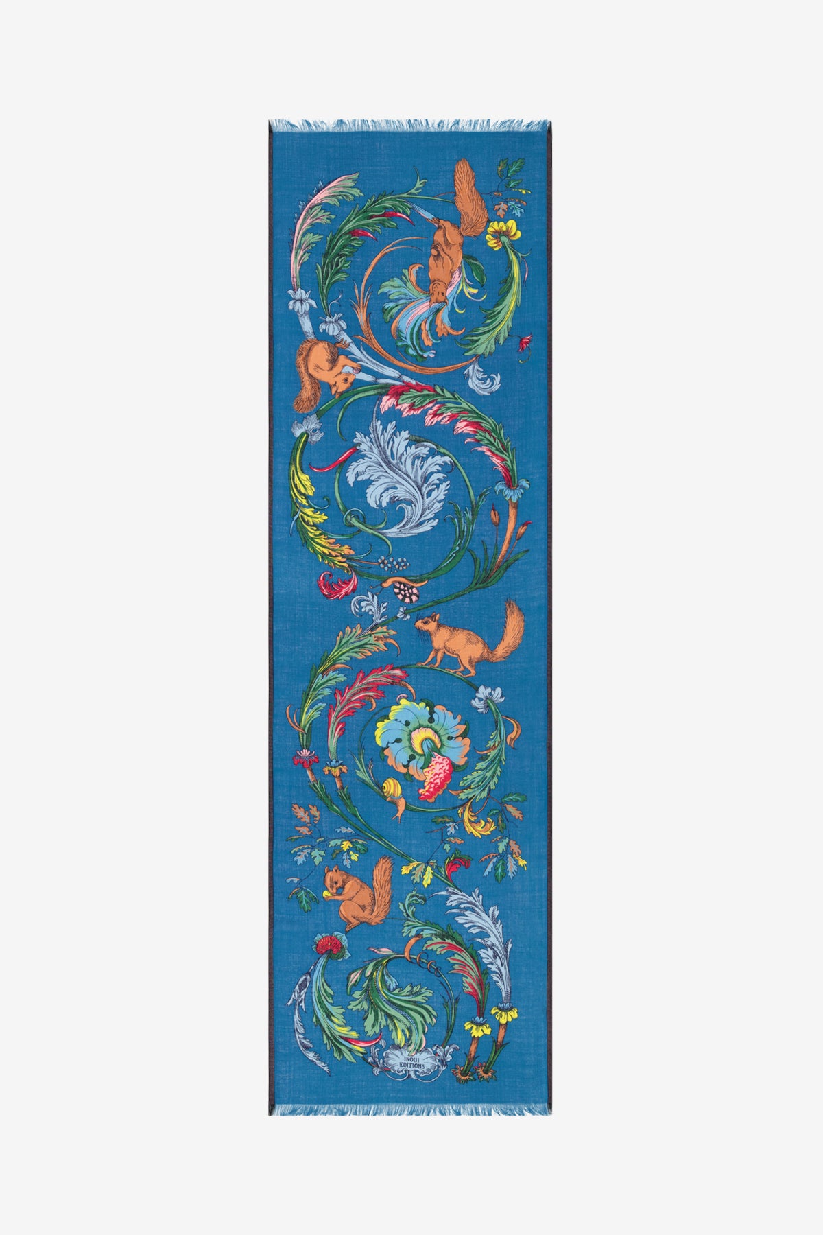 Decorative scarf with floral and animal patterns on a blue background