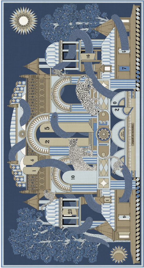 Decorative scarf with abstract patterns and blue background