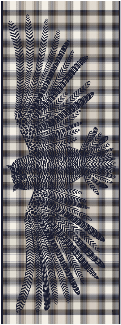 Decorative scarf with feather pattern on a plaid background