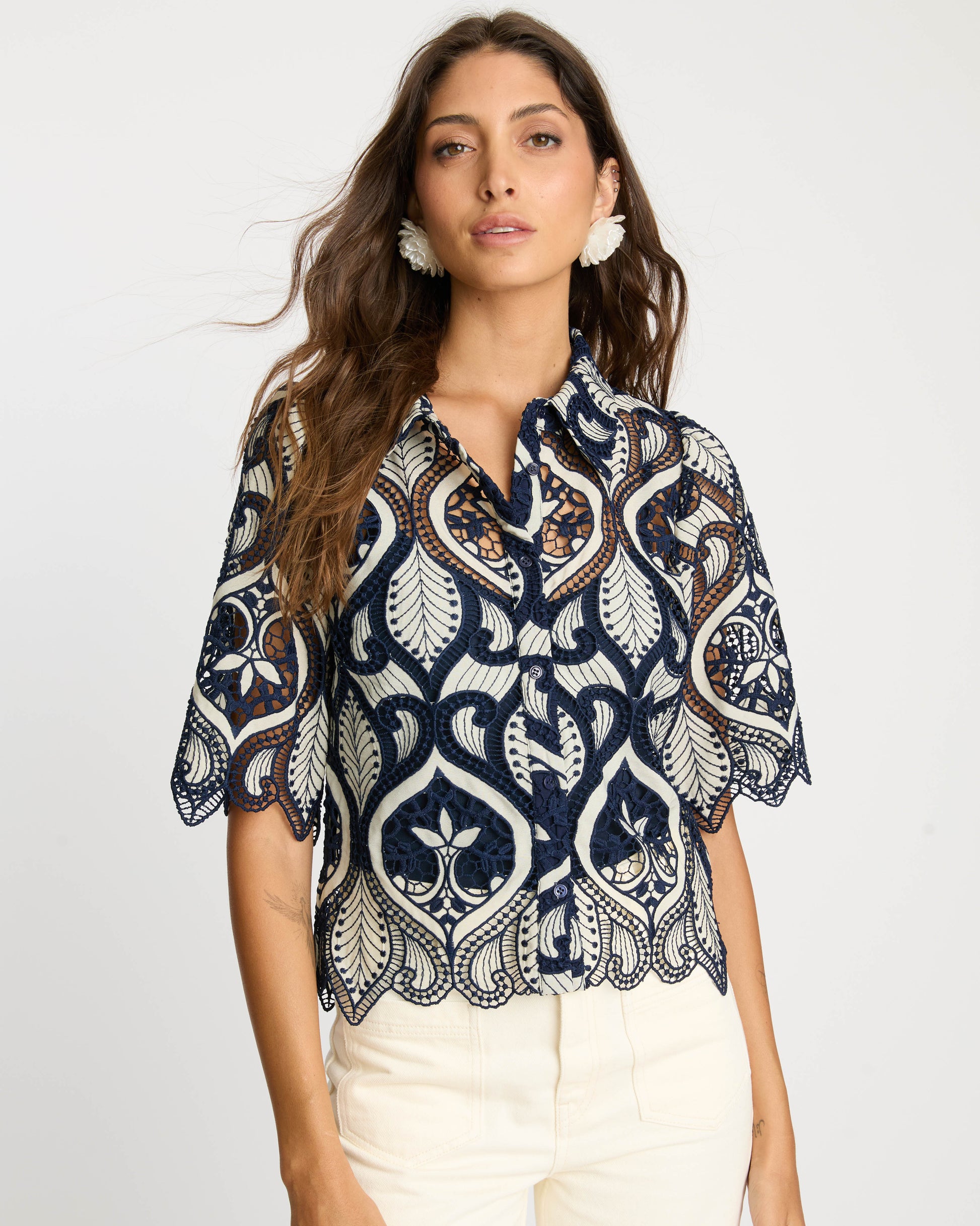 Caballero Tay Top in Navy/Cream Lace