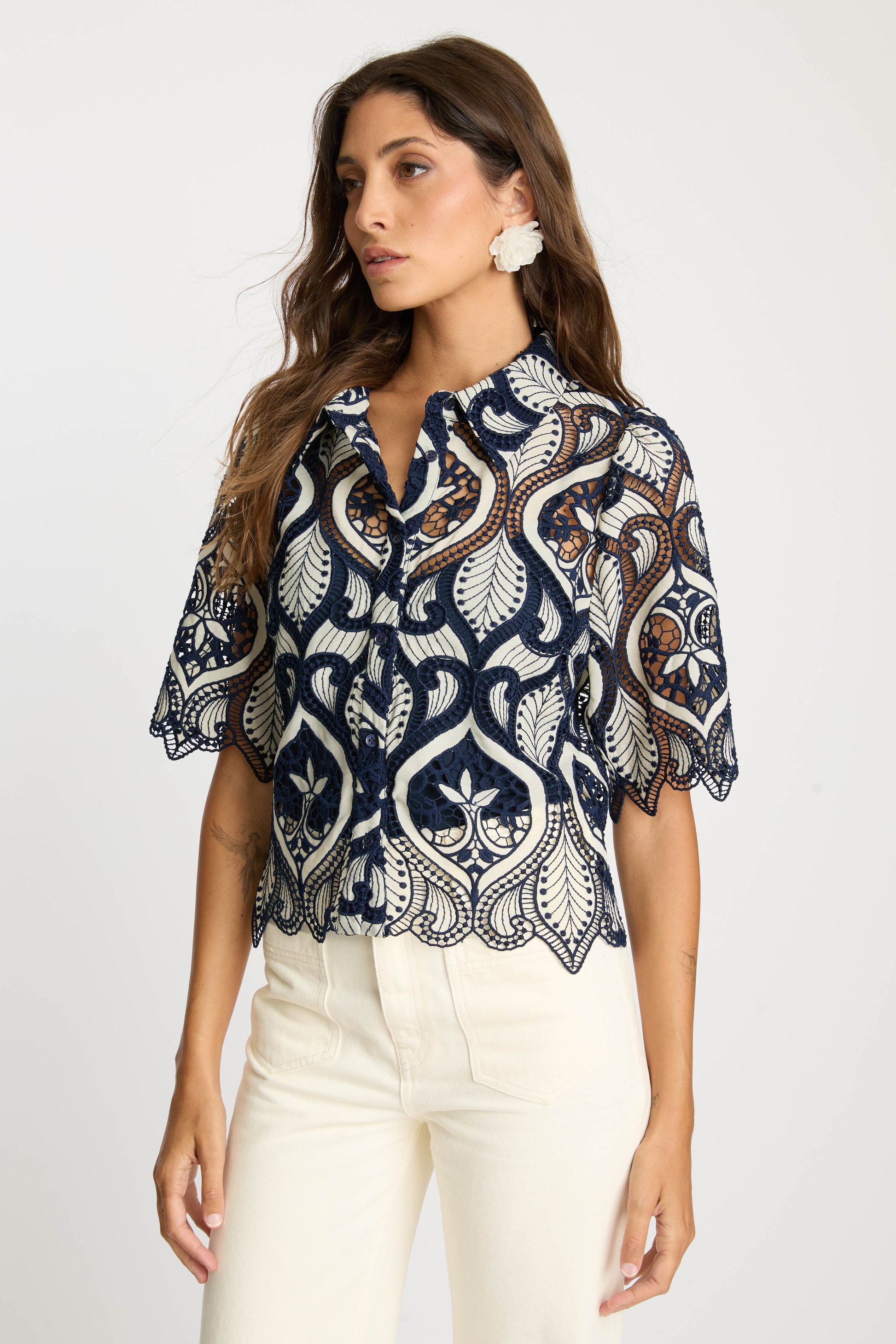 Caballero Tay Top in Navy/Cream Lace