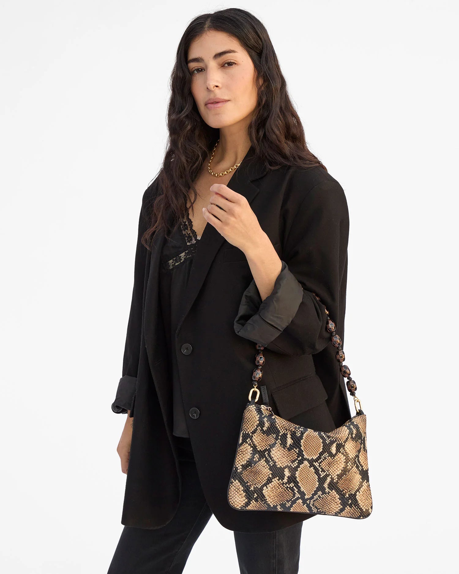 Clare V. Shortie Strap Checker in Black/Brown