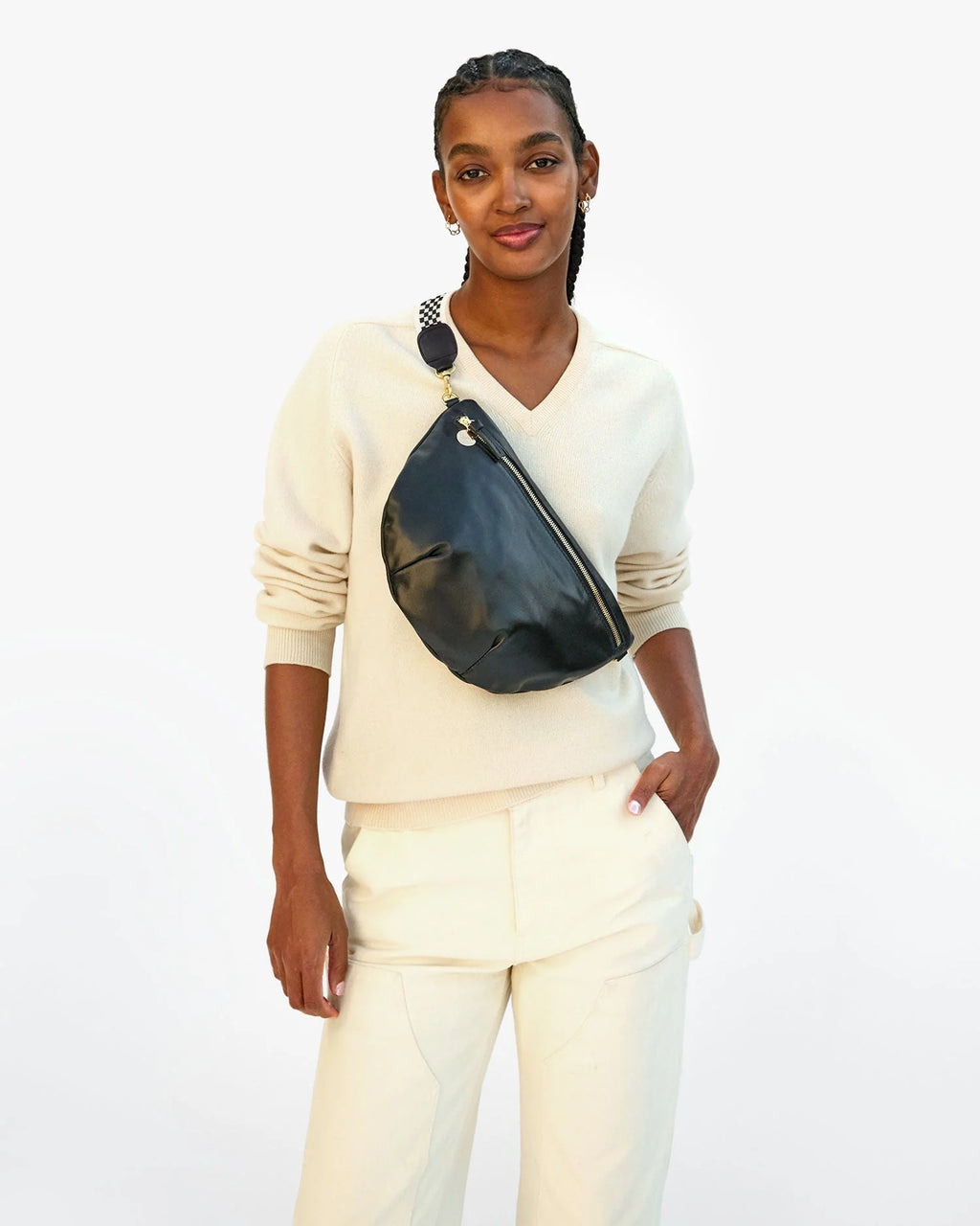 Clare V. Adjustable Crossbody Strap Checkered in Black/Cream