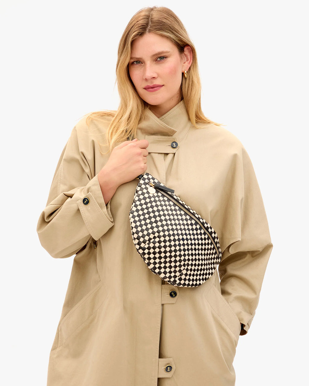 Clare V. Grande Fanny Woven Checker in Black/Cream