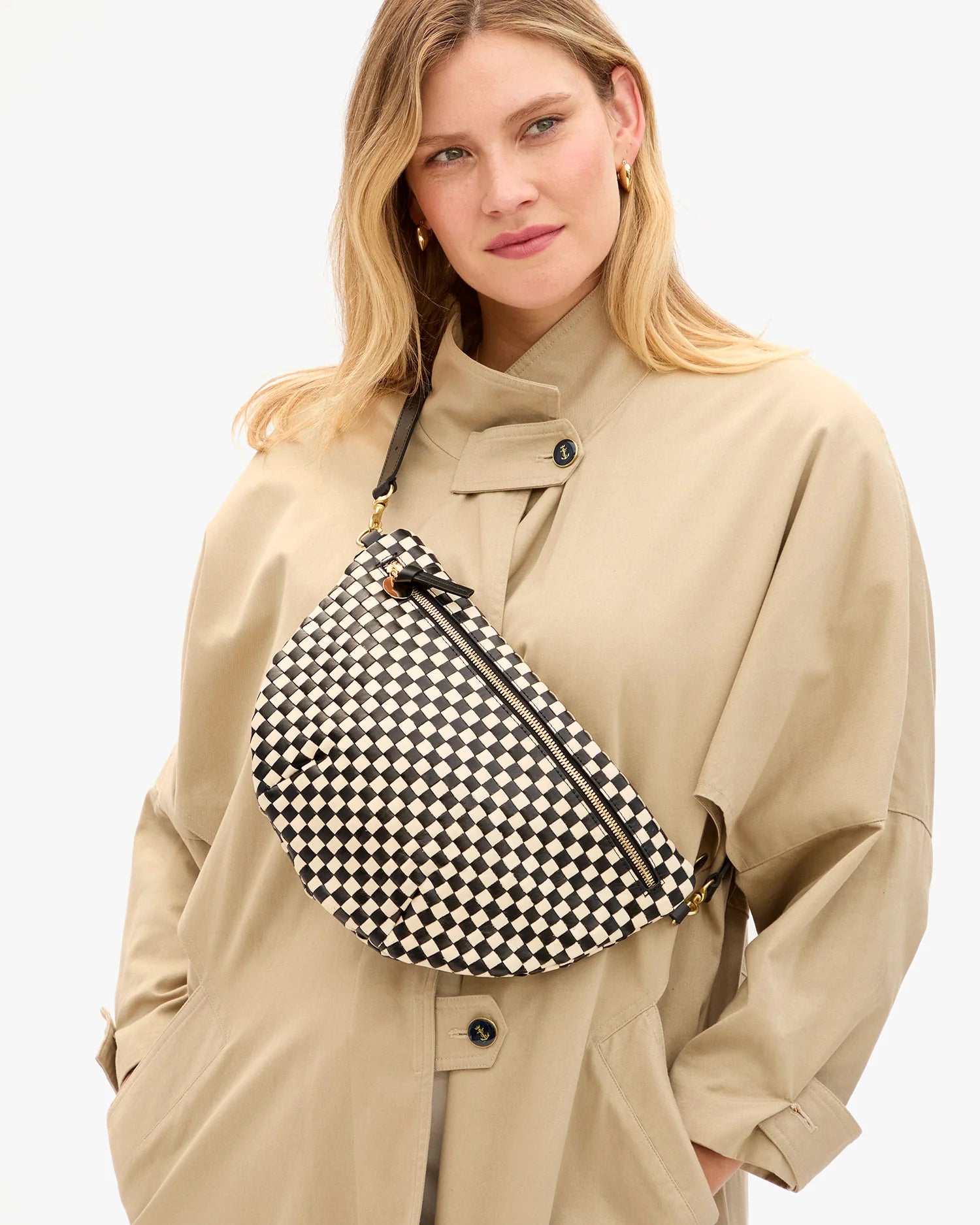 Clare V. Grande Fanny Woven Checker in Black/Cream